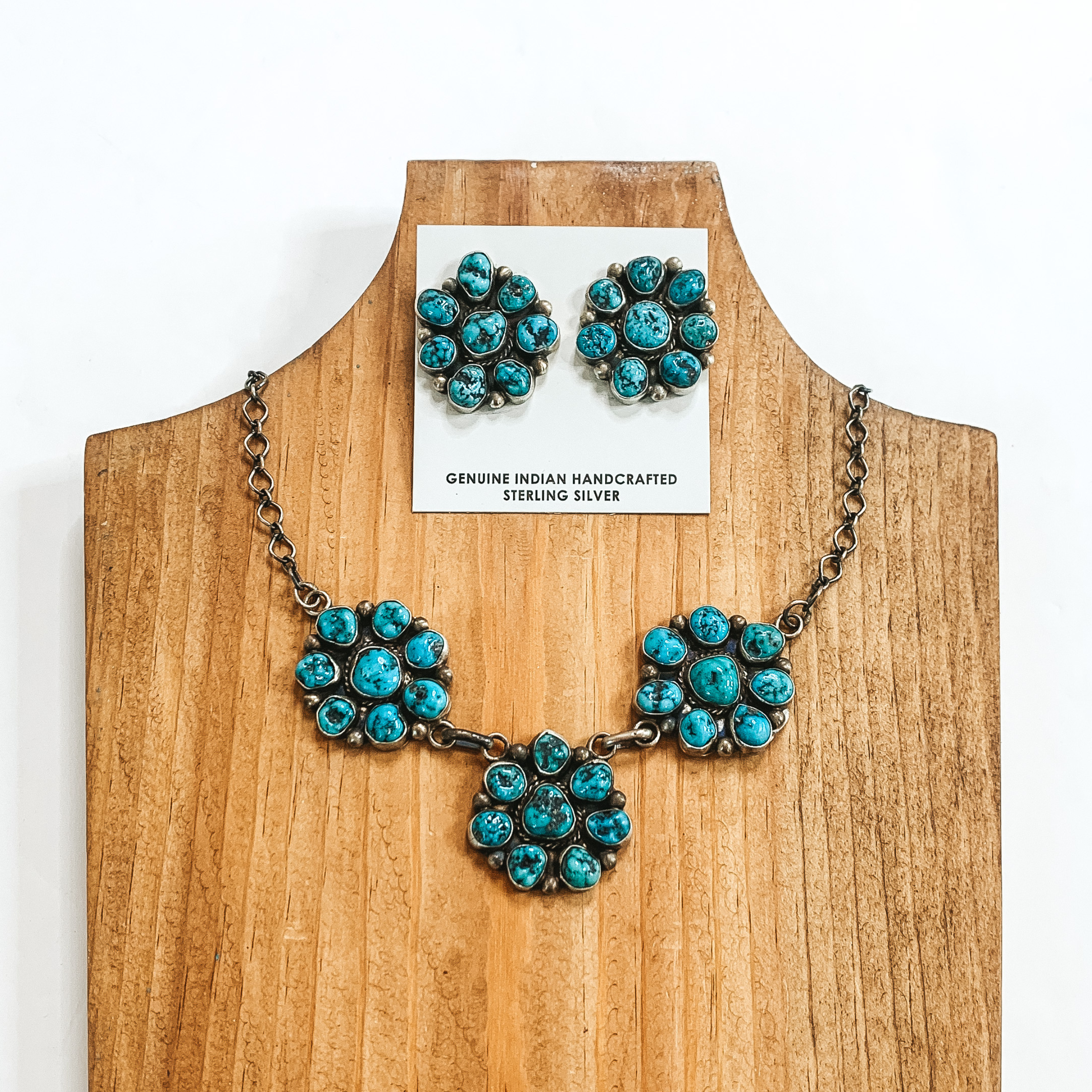 Kathleen Chavez | Navajo Handmade Sterling Silver & Kingman Turquoise Stone Flower Cluster Necklace + Matching Earrings - Giddy Up Glamour Boutique