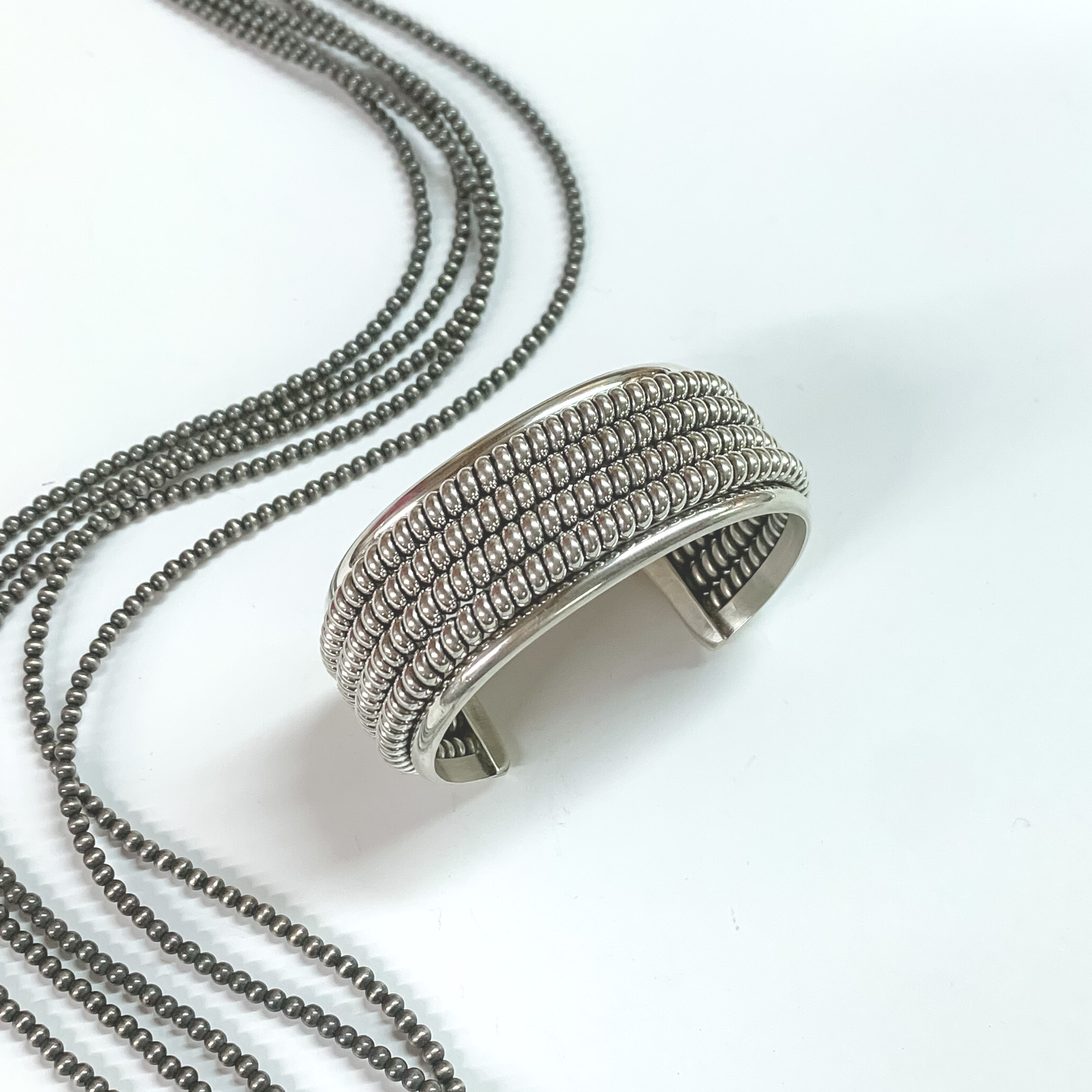 Caroline Tsosie | Navajo Handmade Sterling Silver Cuff Bracelet with Quadruple Rope Detailing Inlay - Giddy Up Glamour Boutique