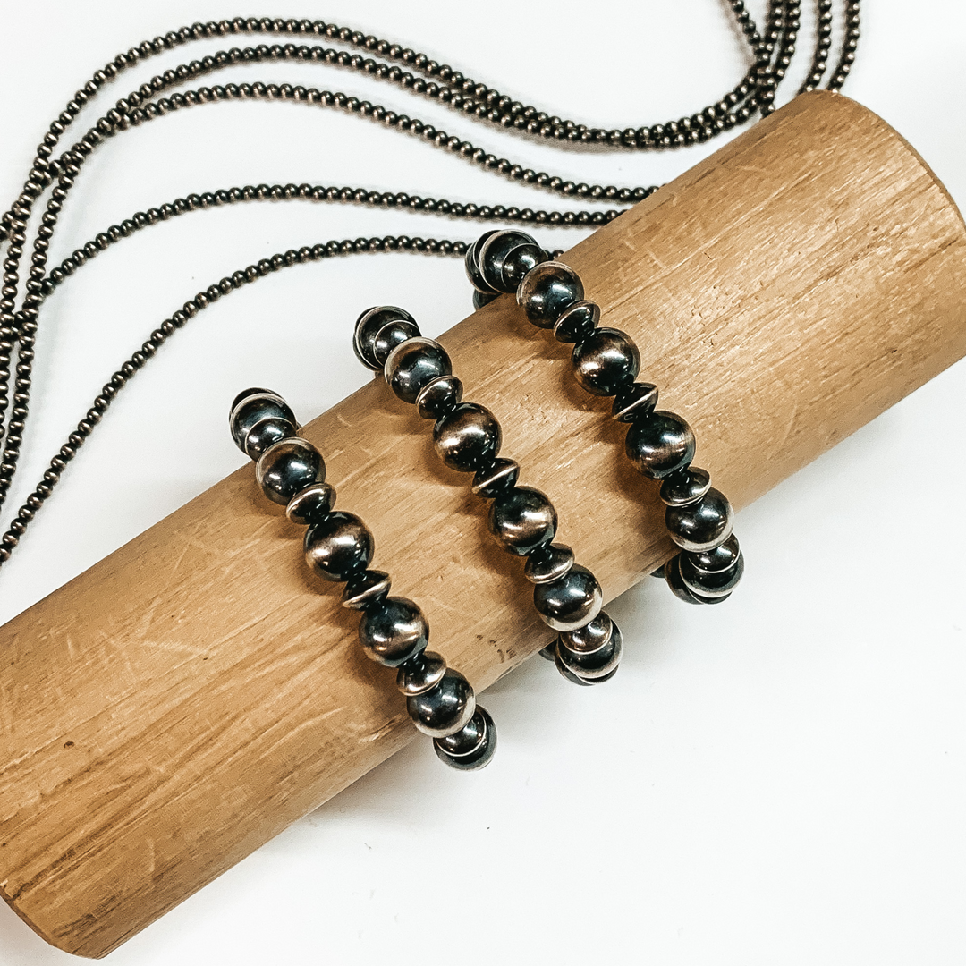 Mason Lee | Navajo Handmade Sterling Silver 10mm Navajo Pearl and Saucer Beaded Stretchy Bracelet - Giddy Up Glamour Boutique