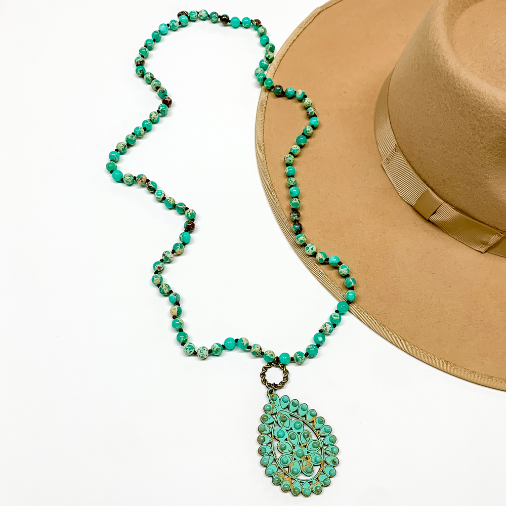 Pink Panache | Long Beaded Necklace with Santa Fe Crackle Teardrop Pendant in Turquoise with Turquoise Bead Outline - Giddy Up Glamour Boutique