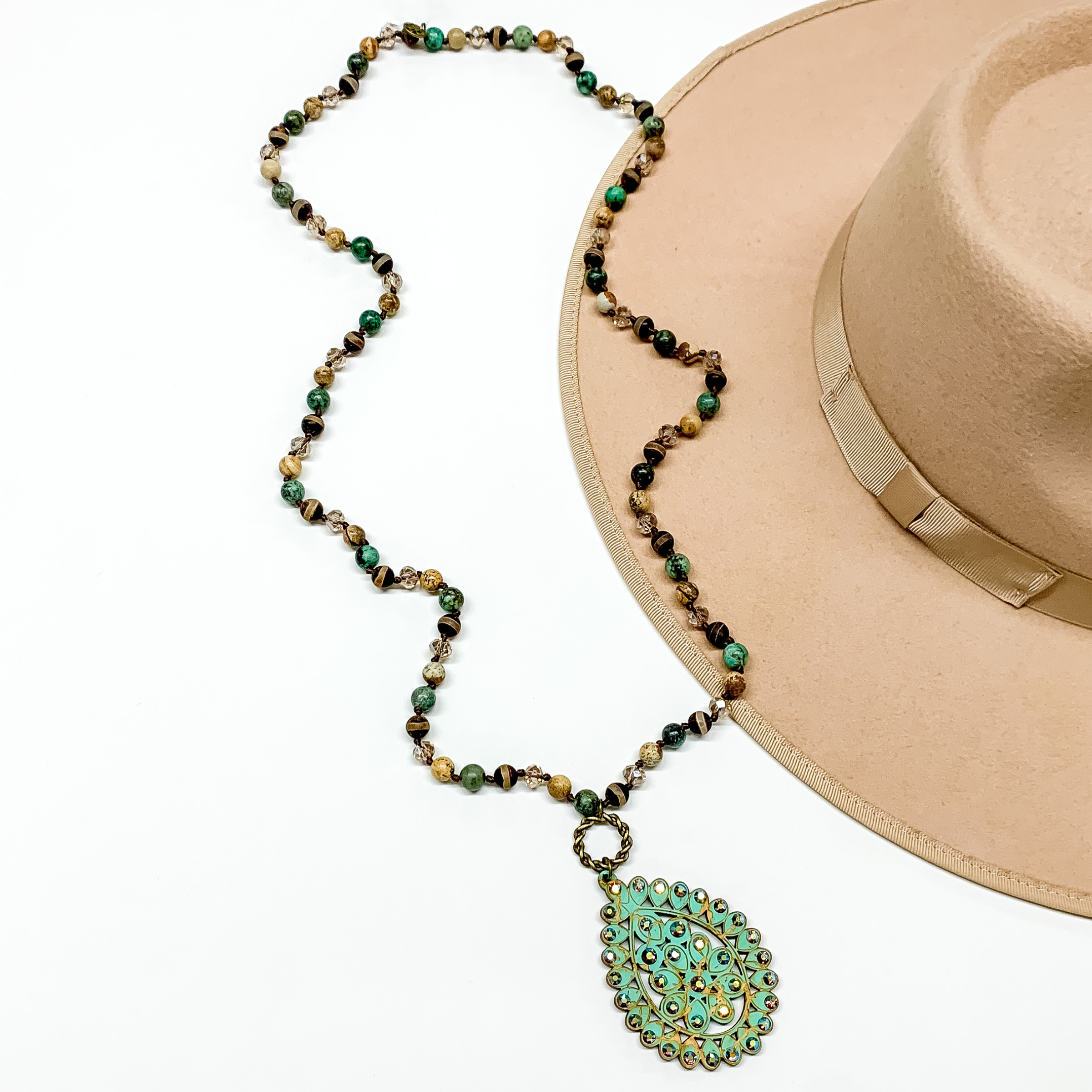 Pink Panache | Long Beaded Necklace with Santa Fe Crackle Teardrop Pendant in Turquoise with AB Crystal Outline - Giddy Up Glamour Boutique