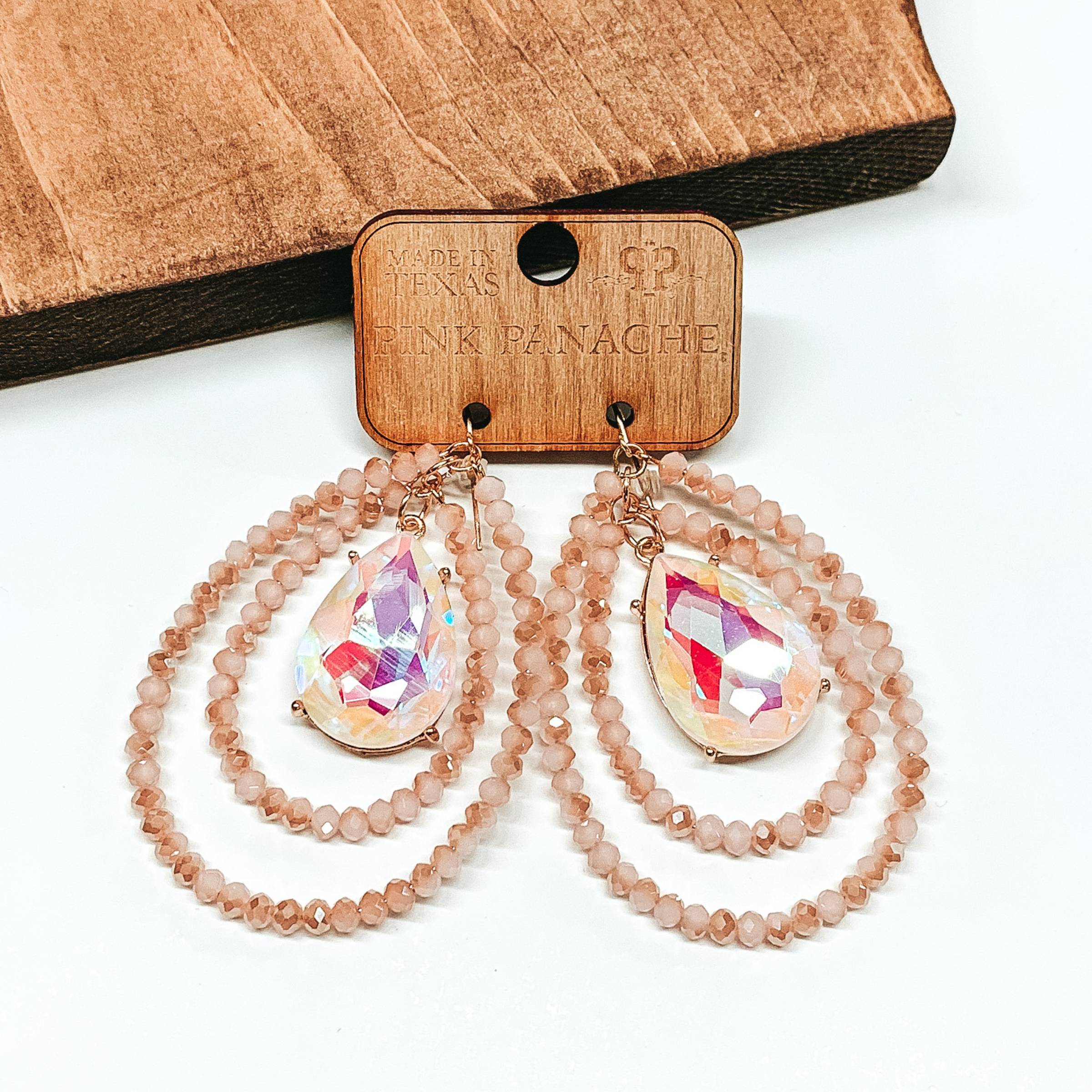 Pink Panache | Blush Crystal Layered Beaded Teardrop Earrings with White Opal AB Teardrop Crystal - Giddy Up Glamour Boutique
