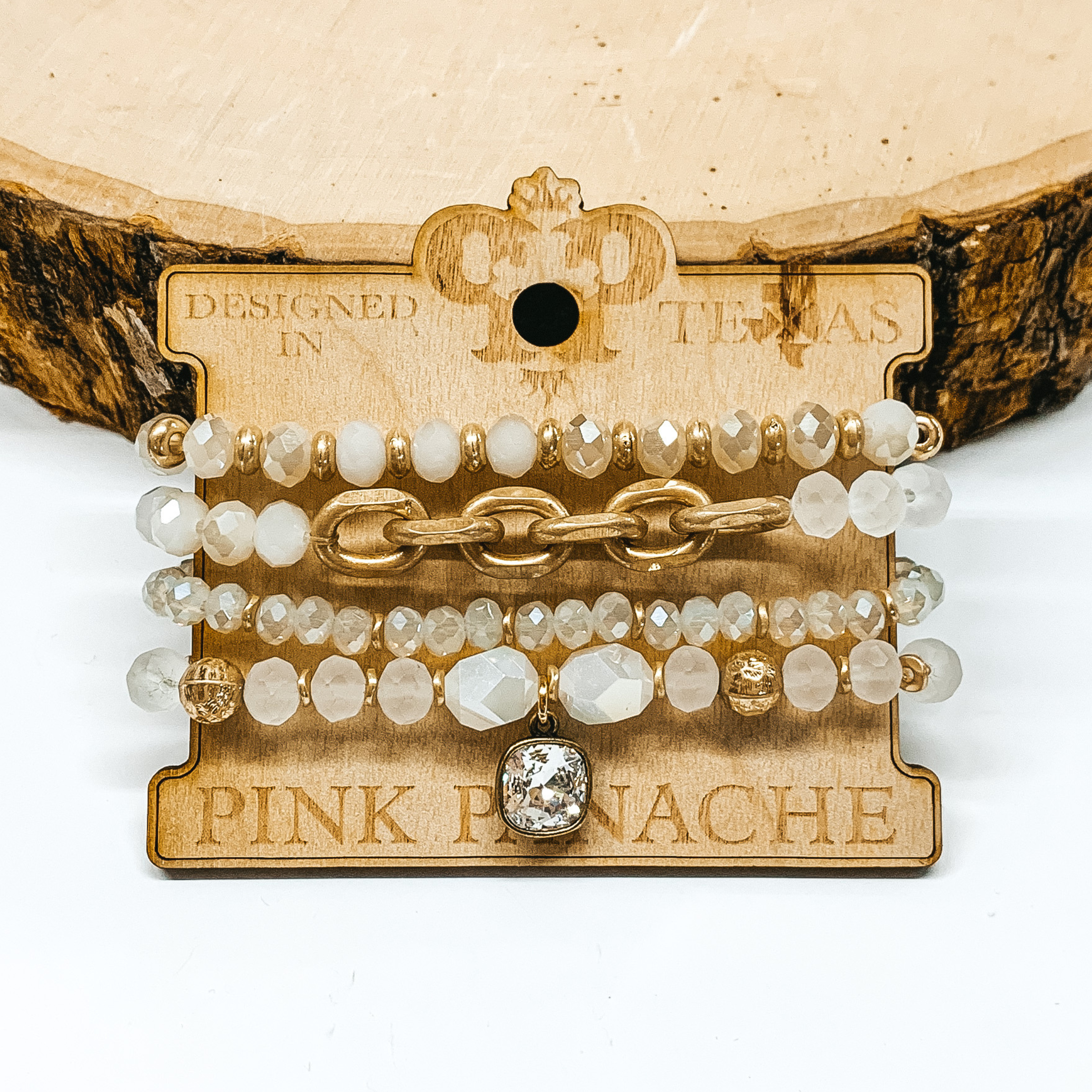 Pink Panache | White Crystal and Gold Tone Beaded Bracelet Set with Gold Tone Chain Segment and Clear Cushion Cut Crystal Pendant