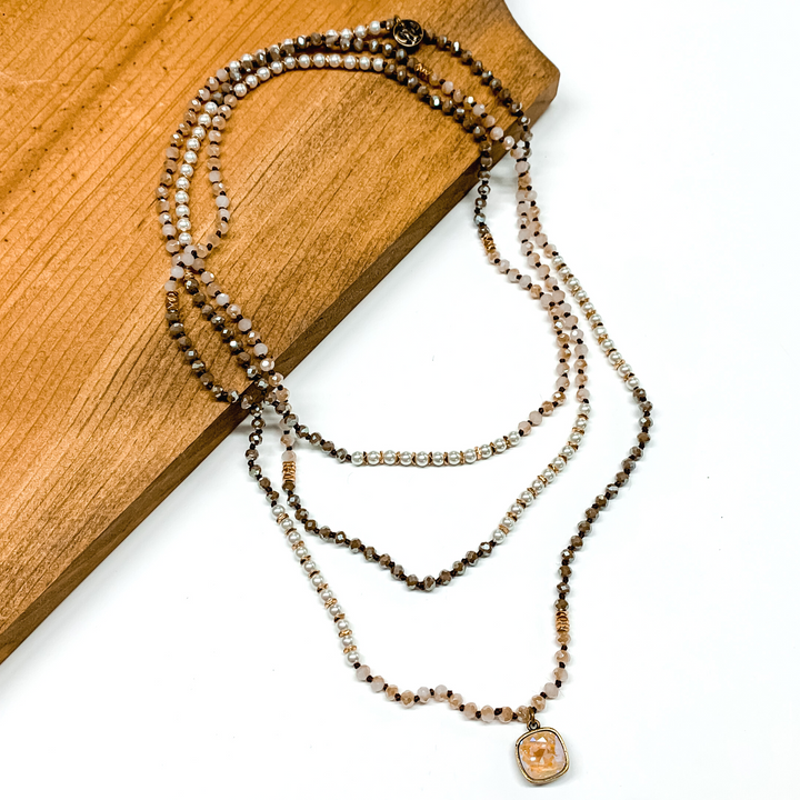 Pink Panache | Long Taupe and Ivory Beaded Necklace with Ivory Cream Delight Cushion Cut Crystal - Giddy Up Glamour Boutique