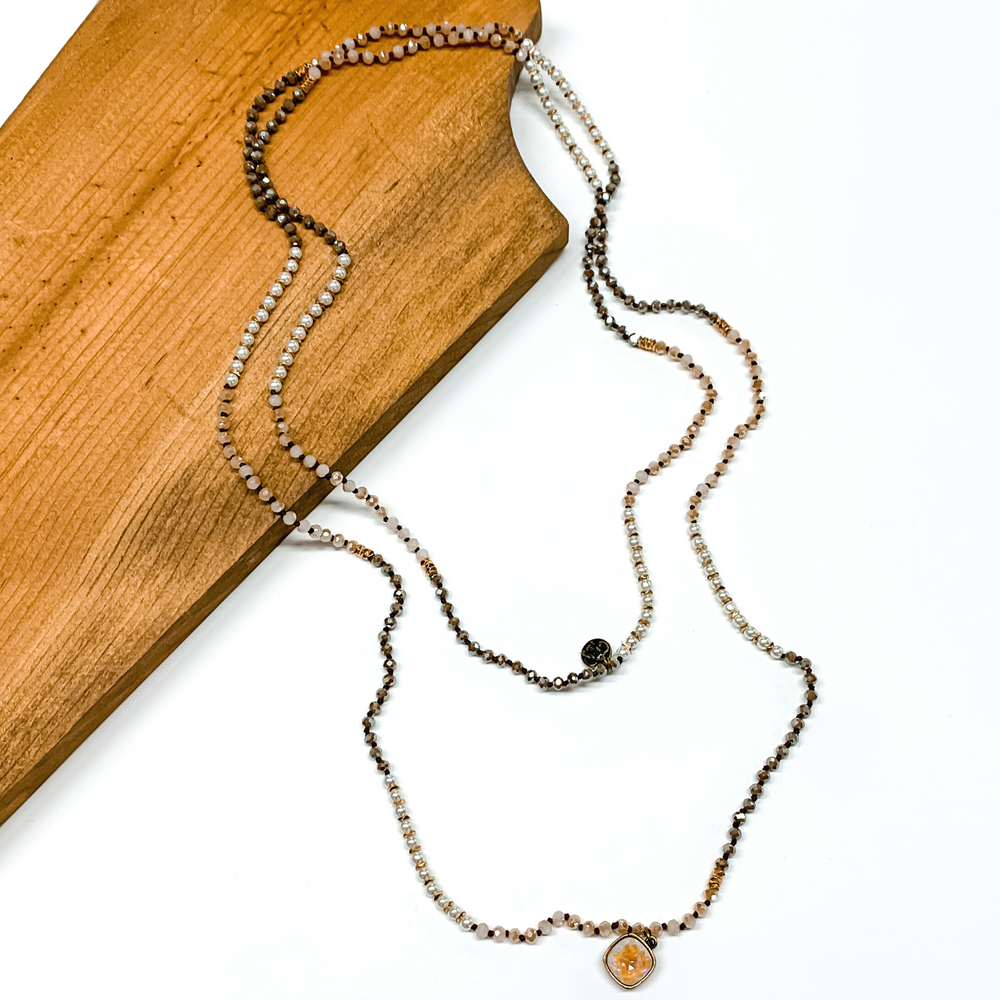 Pink Panache | Long Taupe and Ivory Beaded Necklace with Ivory Cream Delight Cushion Cut Crystal - Giddy Up Glamour Boutique