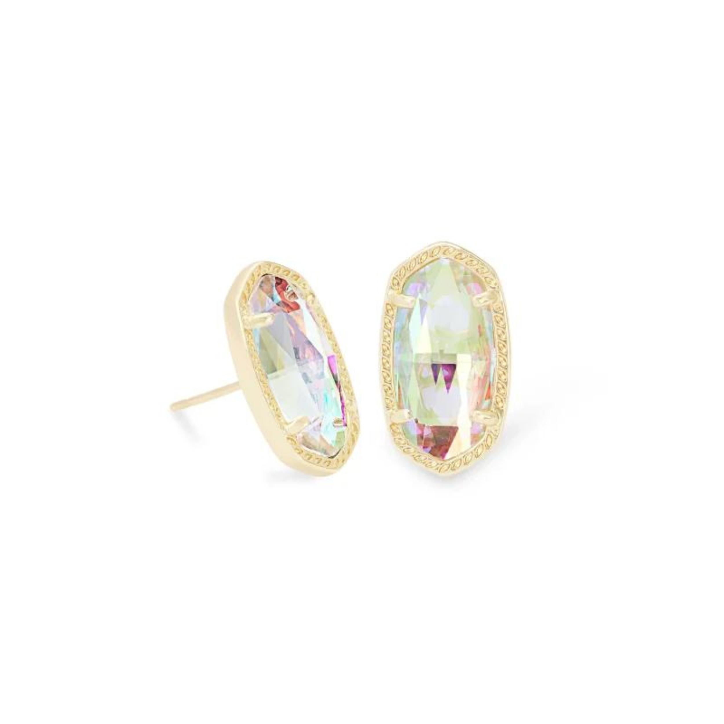 Gold stud earrings with dichoric glass stone, pictured on a white background.