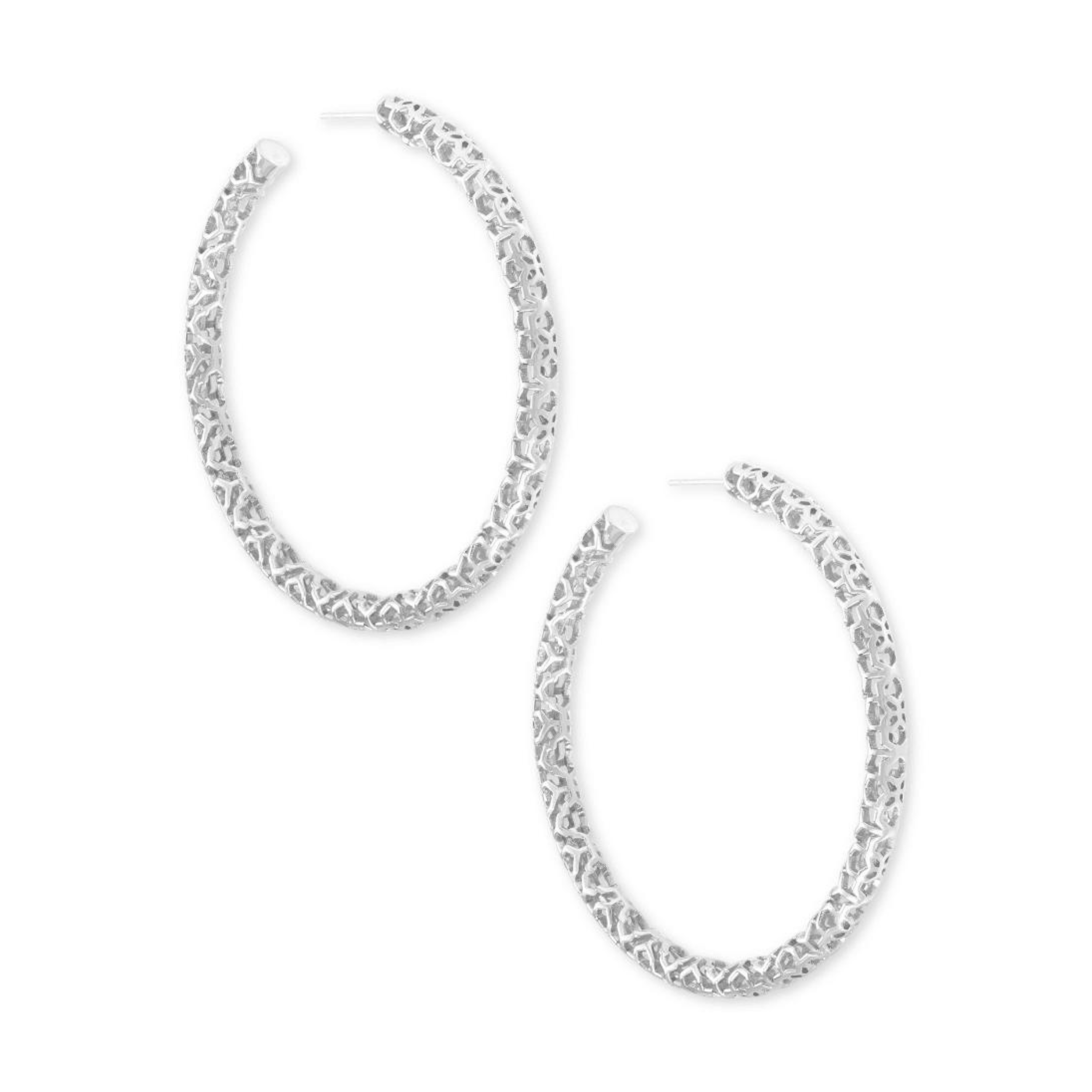 Large silver hoop earrings with filigree detailing, pictured on a white background.