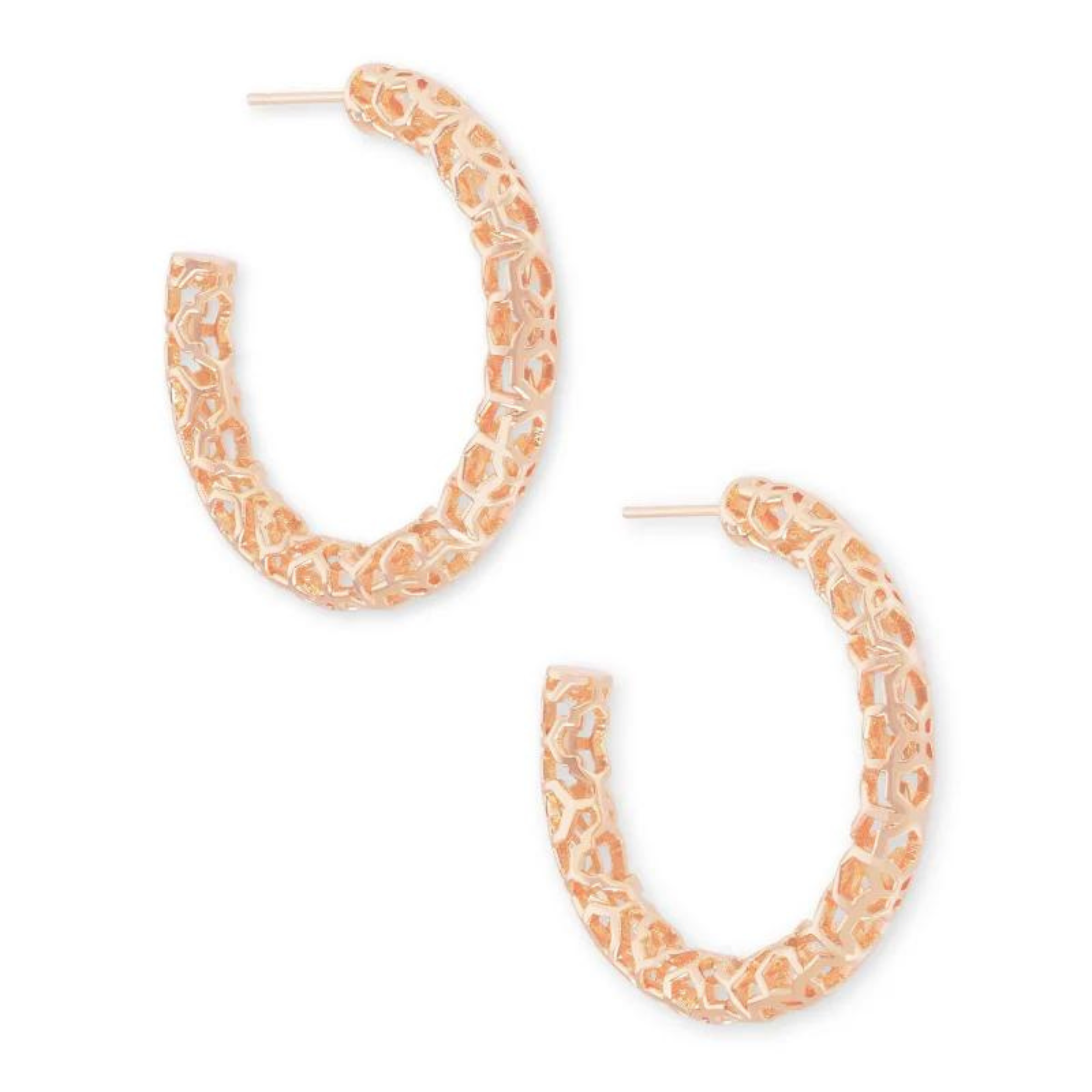 Rose gold hoops with filigree detailing, pictured on a white background.