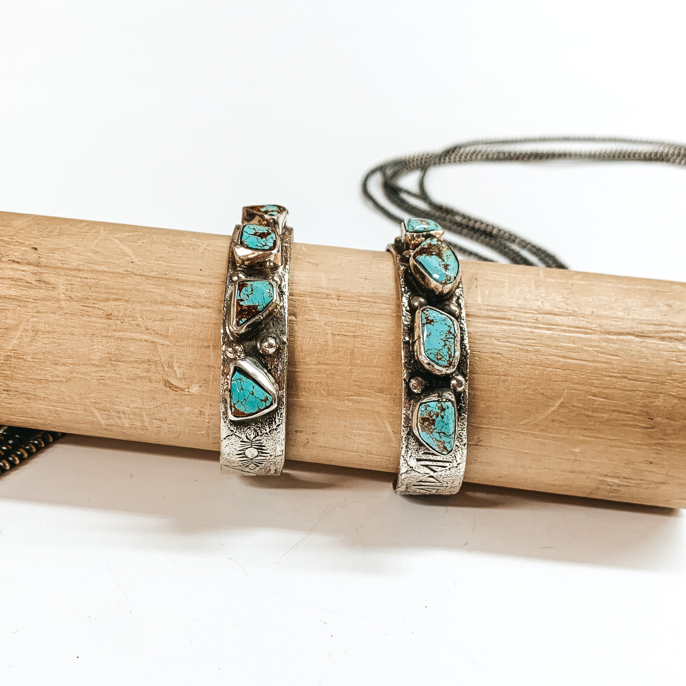 Jude Candelaria | Navajo Handmade Sterling Silver Cuff with Five Irregular Shaped Turquoise Stones - Giddy Up Glamour Boutique
