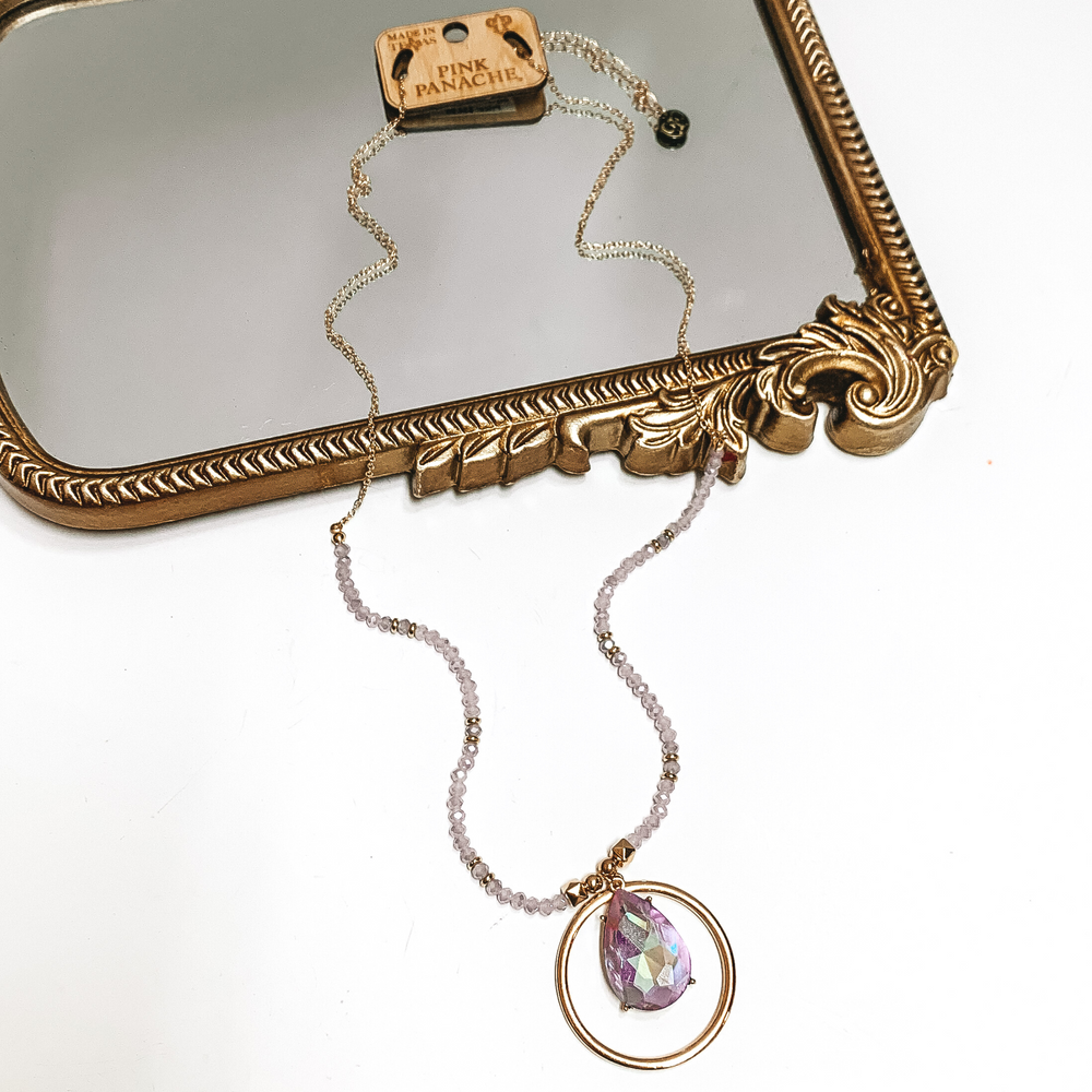 Pink Panache | Gold Chain and Lavender Crystal Beaded Necklace with Gold Circle Pendant and Large Purple AB Teardrop Crystal - Giddy Up Glamour Boutique