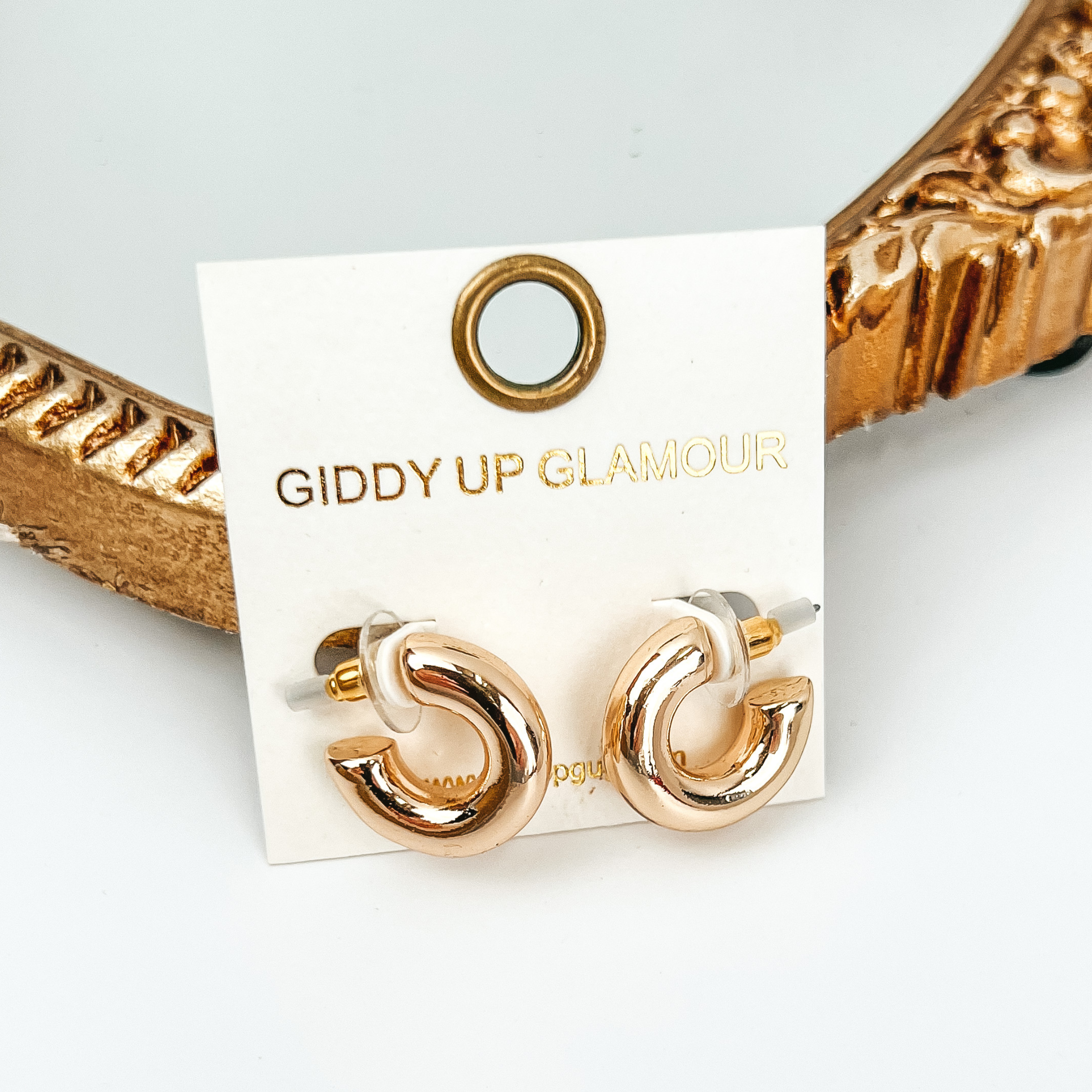 Gold Tone Thick Hoop Huggie Earrings - Giddy Up Glamour Boutique