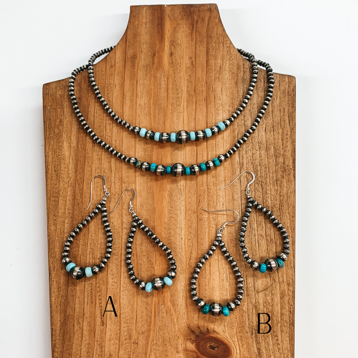 Navajo |  Navajo Handmade Sterling Silver Navajo Pearl Necklace  with Turquoise Beads + Matching Earrings - Giddy Up Glamour Boutique