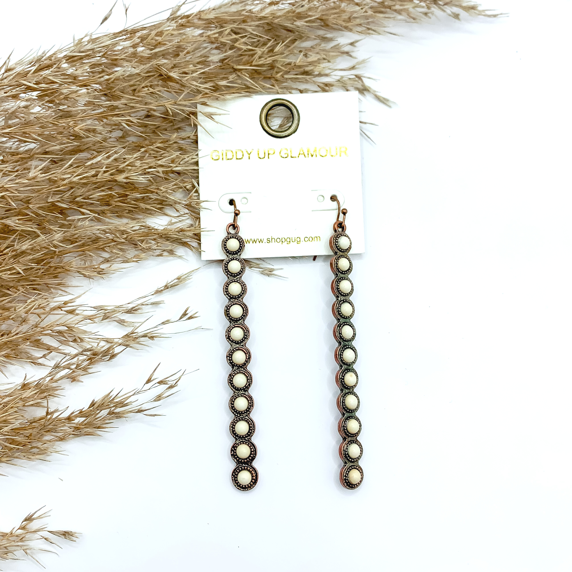 White Studded Long Rectangle Earrings in Copper Tone - Giddy Up Glamour Boutique