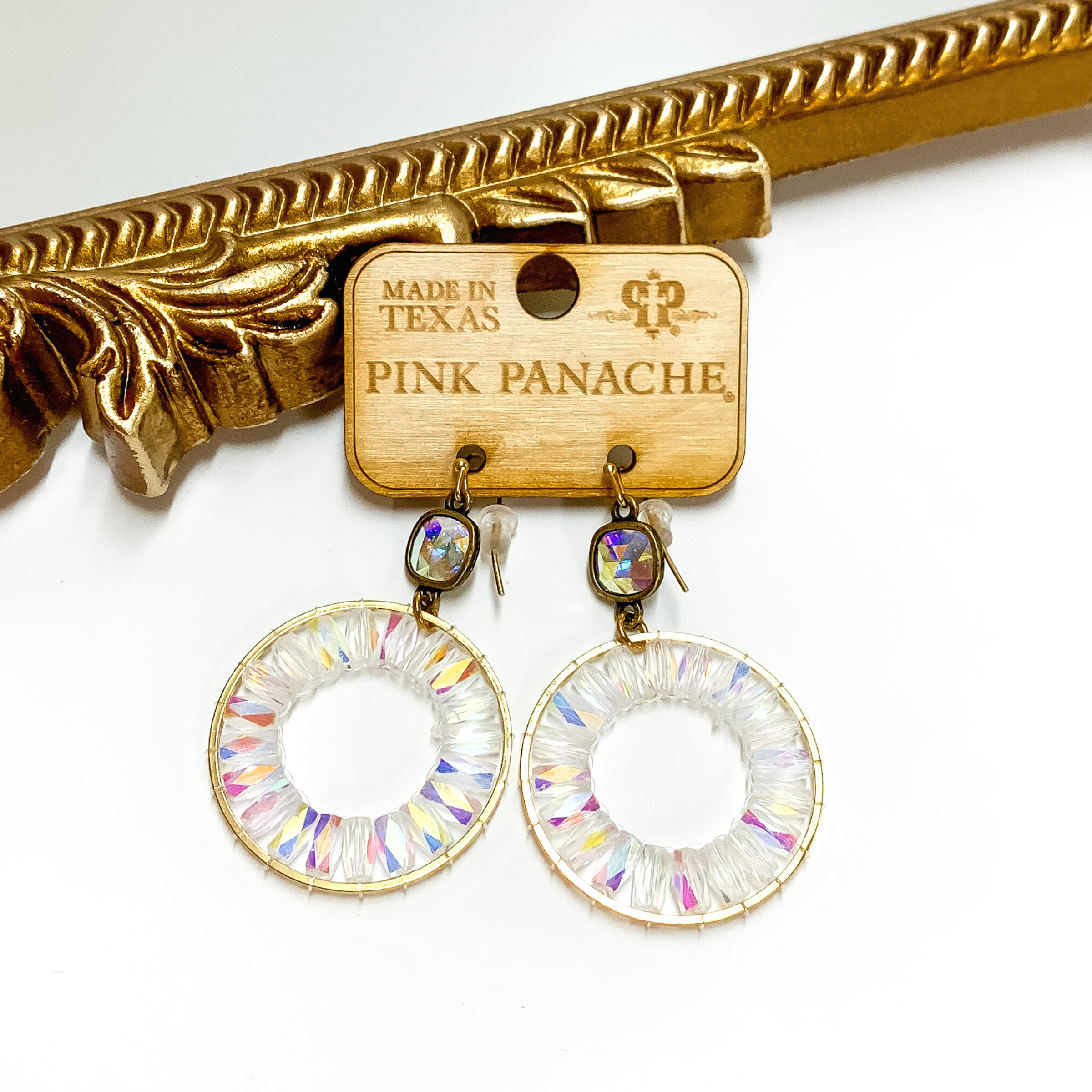 Pink Panache | AB Cushion Cut Earrings with AB Crystal Beaded Circle Drop - Giddy Up Glamour Boutique