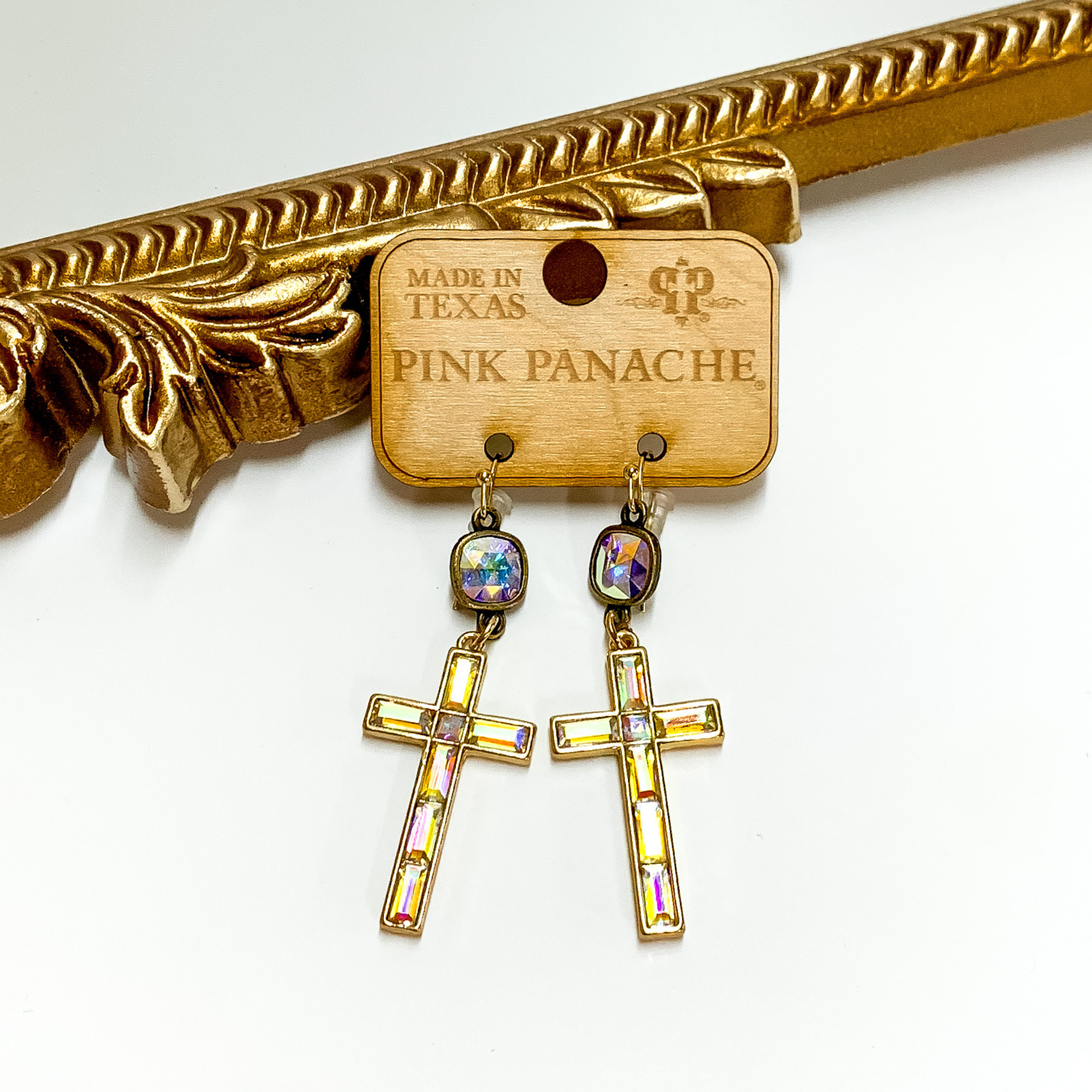 Pink Panache | AB Cushion Cut Earrings with AB Crystal Beaded Cross - Giddy Up Glamour Boutique