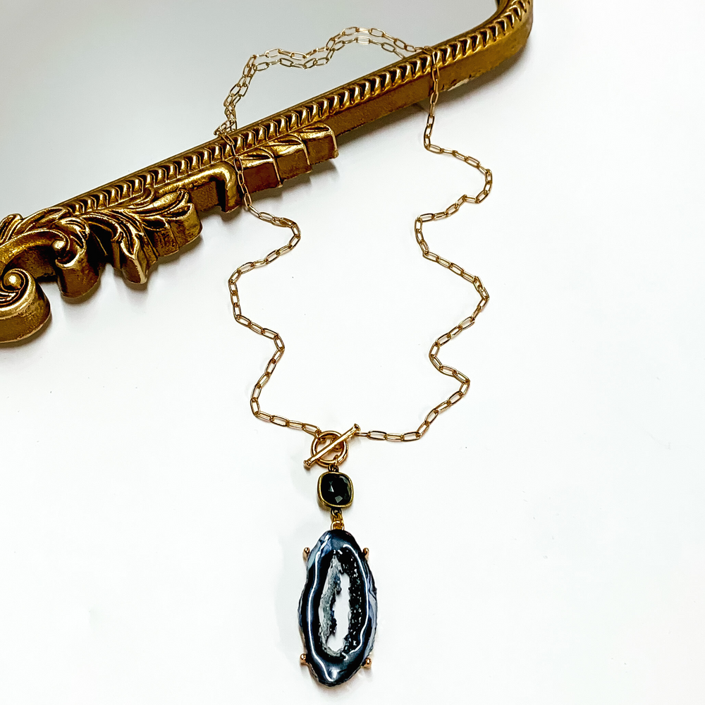 Pink Panache | Long Gold Paperclip Chain Necklace with Black Cushion Cut Crystal and Open Black Druzy Pendant - Giddy Up Glamour Boutique