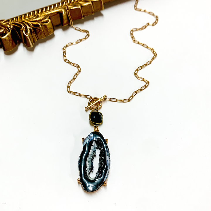 Pink Panache | Long Gold Paperclip Chain Necklace with Black Cushion Cut Crystal and Open Black Druzy Pendant - Giddy Up Glamour Boutique