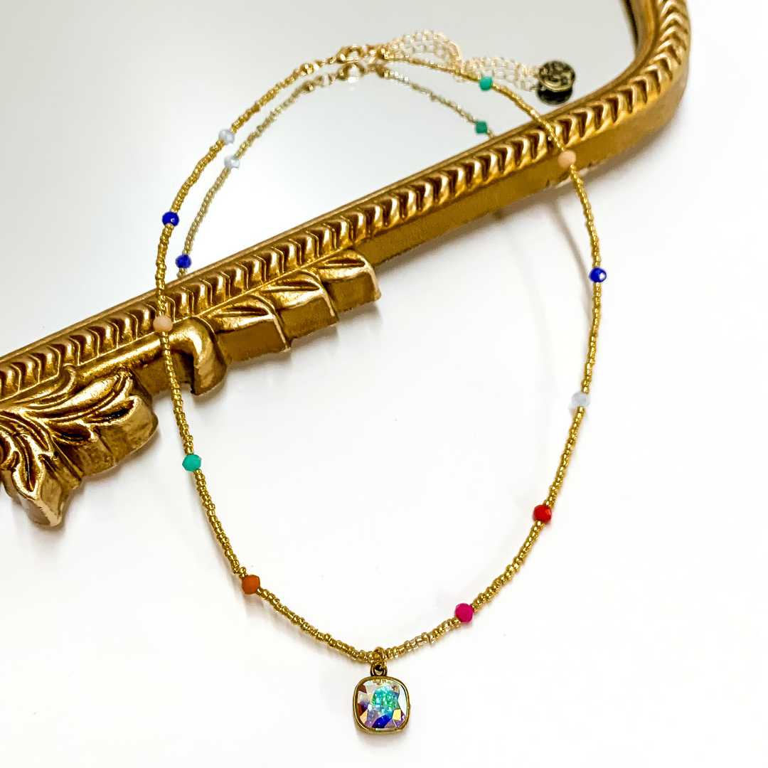 Pink Panache | Gold Beaded Necklace with AB Cushion Cut Crystal and Multicolored Spacers - Giddy Up Glamour Boutique