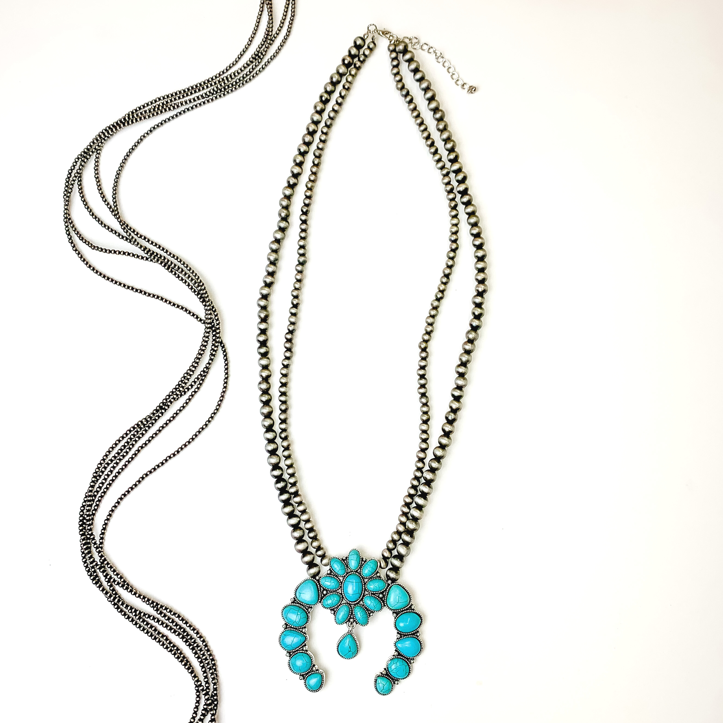 Turquoise and Silver Oval Squash Flower Necklace - Giddy Up Glamour Boutique