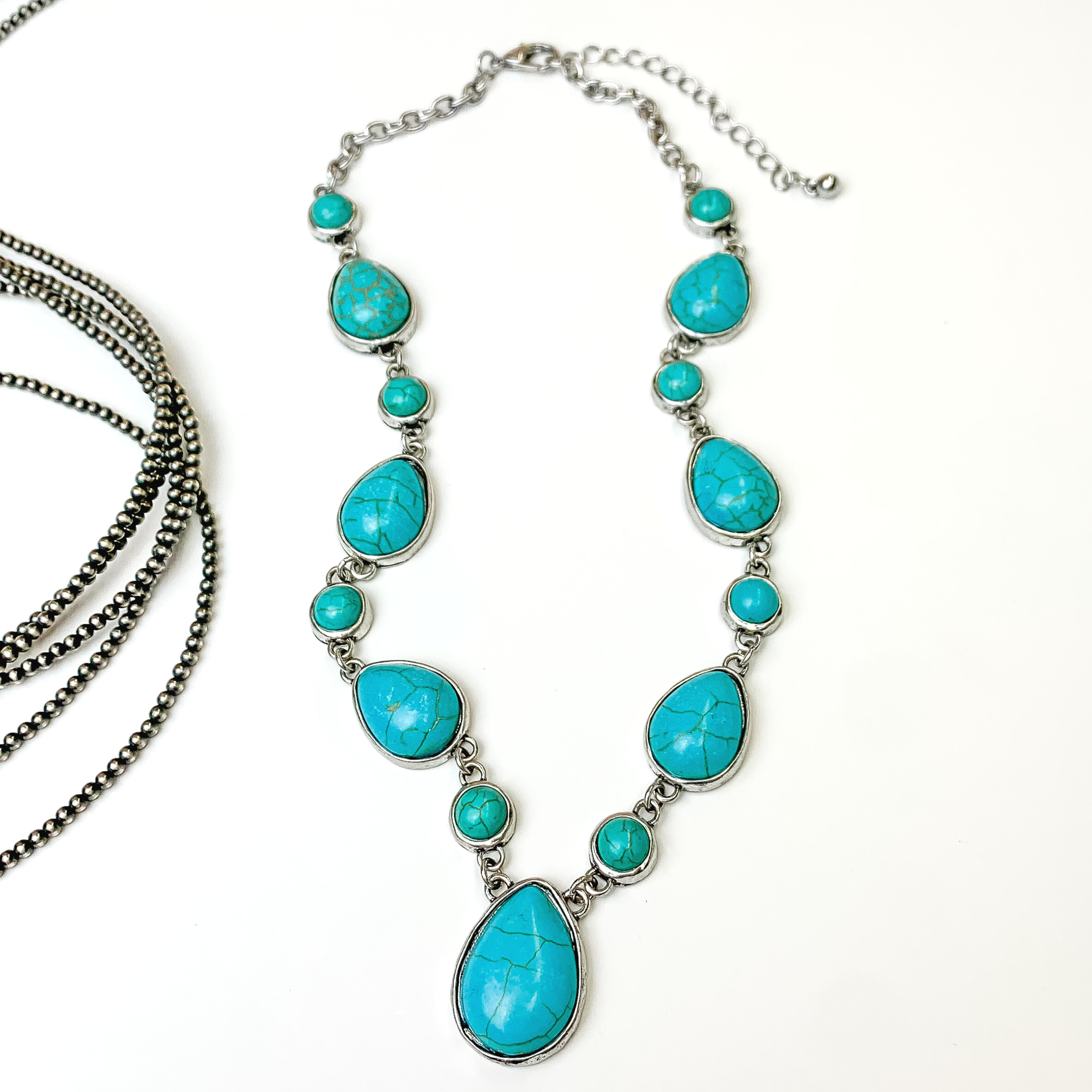 Small Town Crush Faux Navajo Necklace with Circle and Teardrop Turquoise Stones - Giddy Up Glamour Boutique