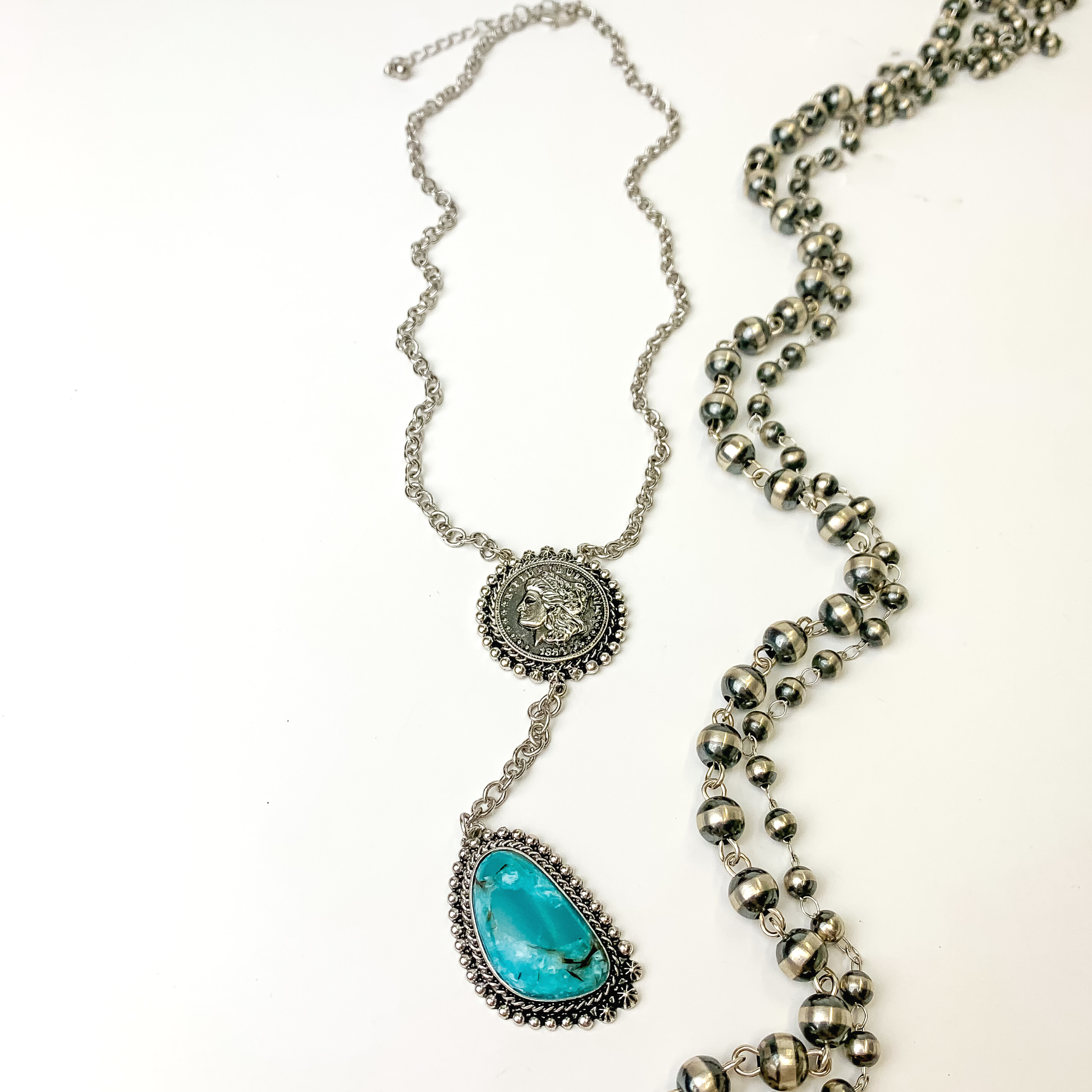 Silver Tone Lariat Necklace with Silver Tone Coin and Faux Turquoise Stone Drop - Giddy Up Glamour Boutique