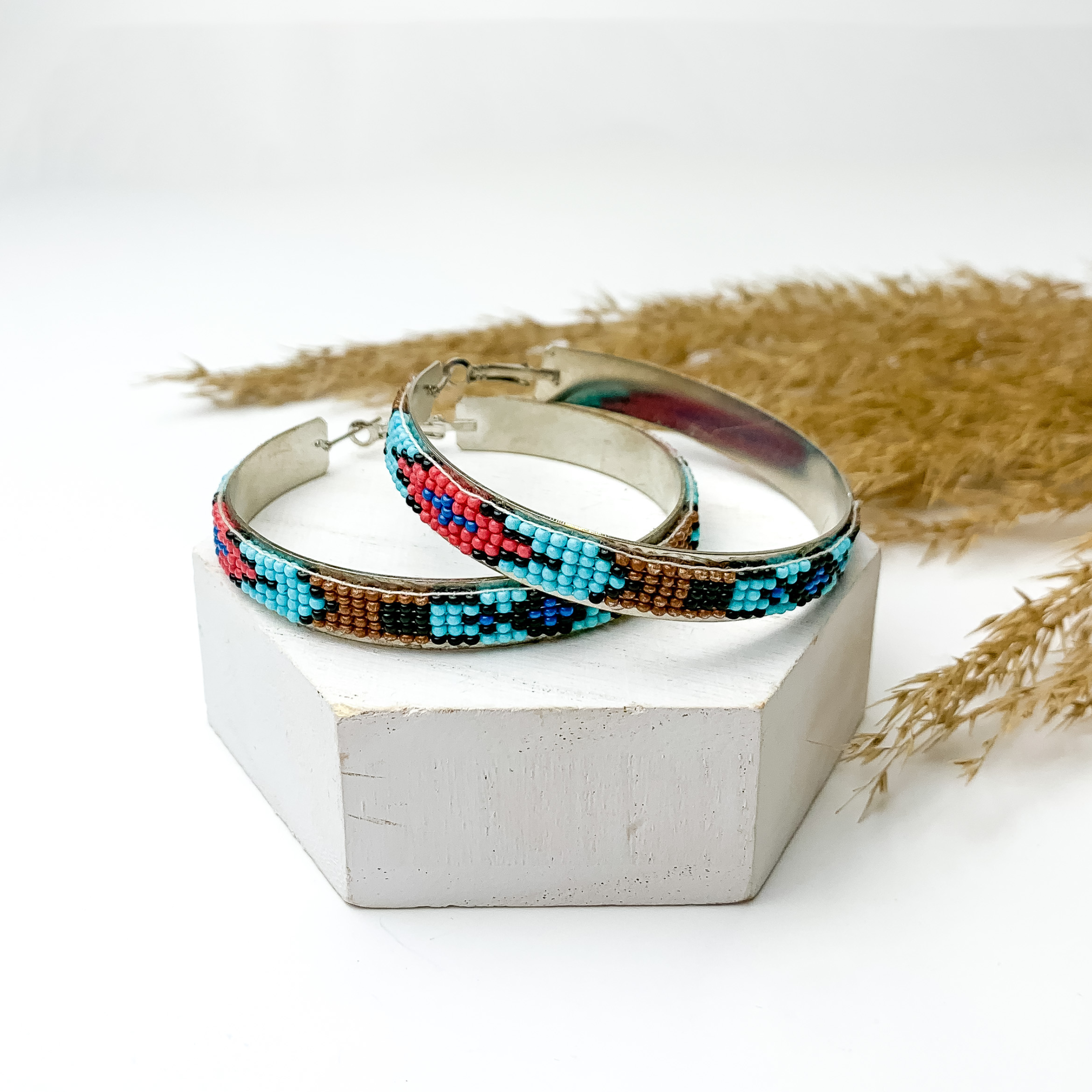 Blue Multicolored Plains Native Beaded Hoop Earrings - Giddy Up Glamour Boutique