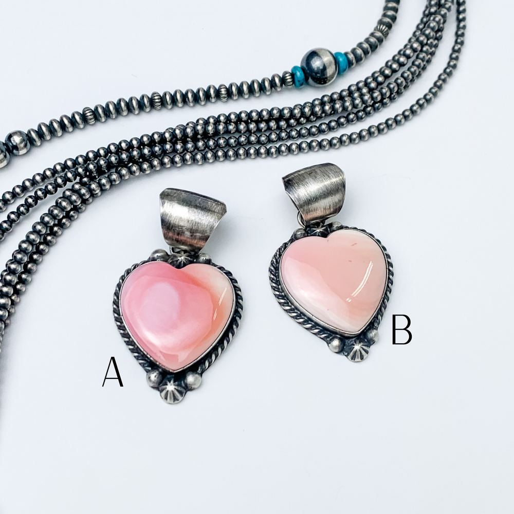 Augustine Largo | Navajo Handmade Sterling Silver and Pink Conch Heart Stone Pendant - Giddy Up Glamour Boutique