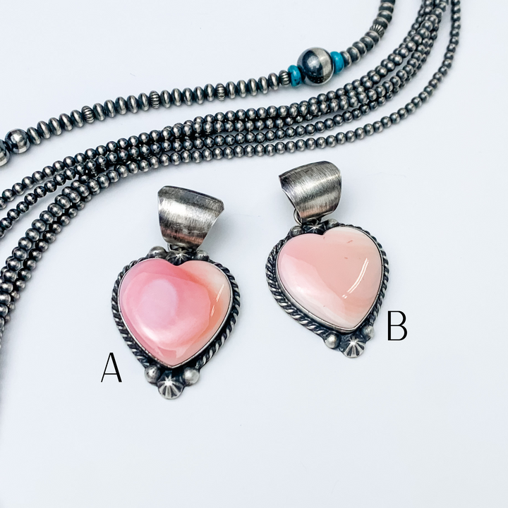 Augustine Largo | Navajo Handmade Sterling Silver and Pink Conch Heart Stone Pendant - Giddy Up Glamour Boutique