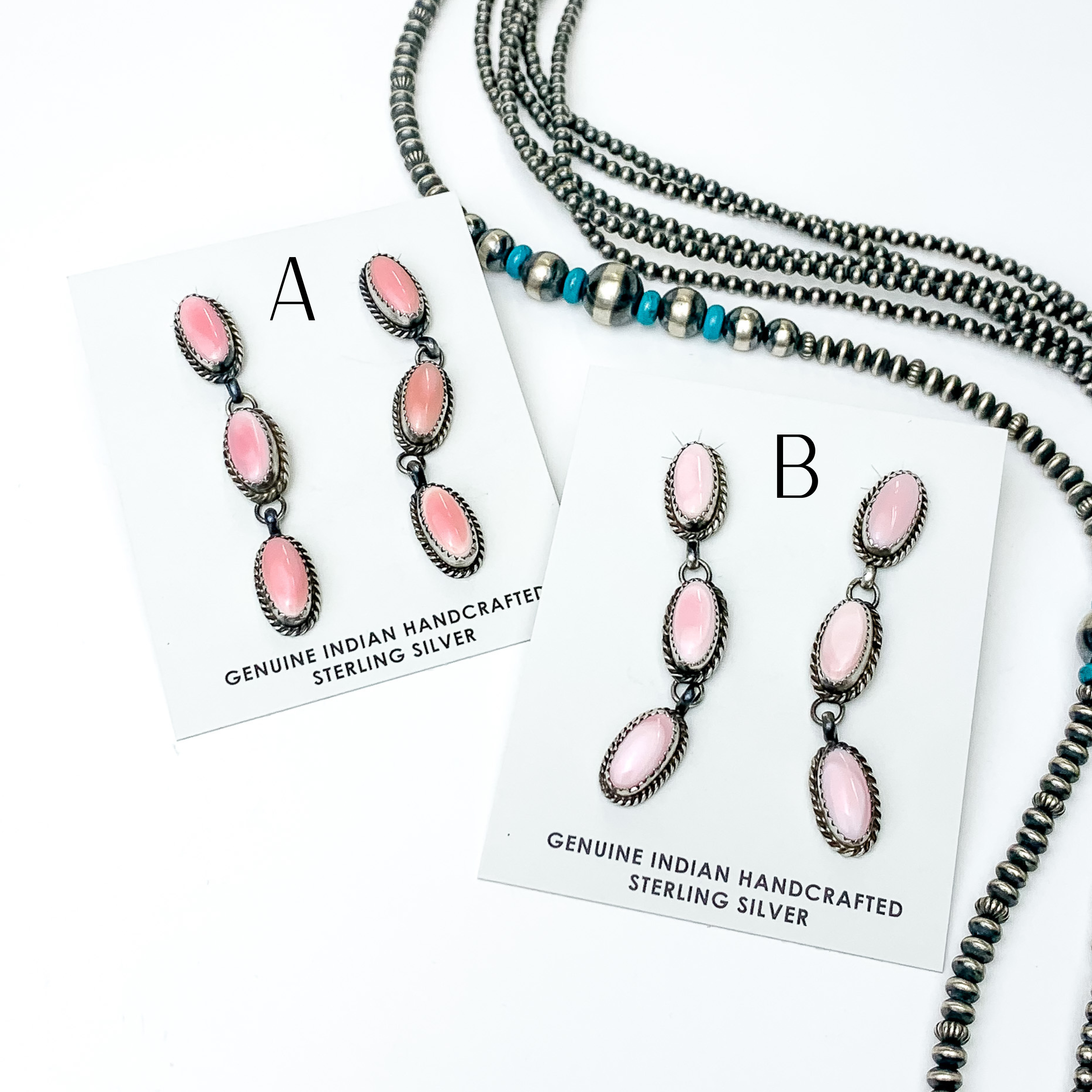 Freda Martinez | Navajo Handmade Sterling Silver Oval Drop Earrings with Three Pink Conch Stones - Giddy Up Glamour Boutique