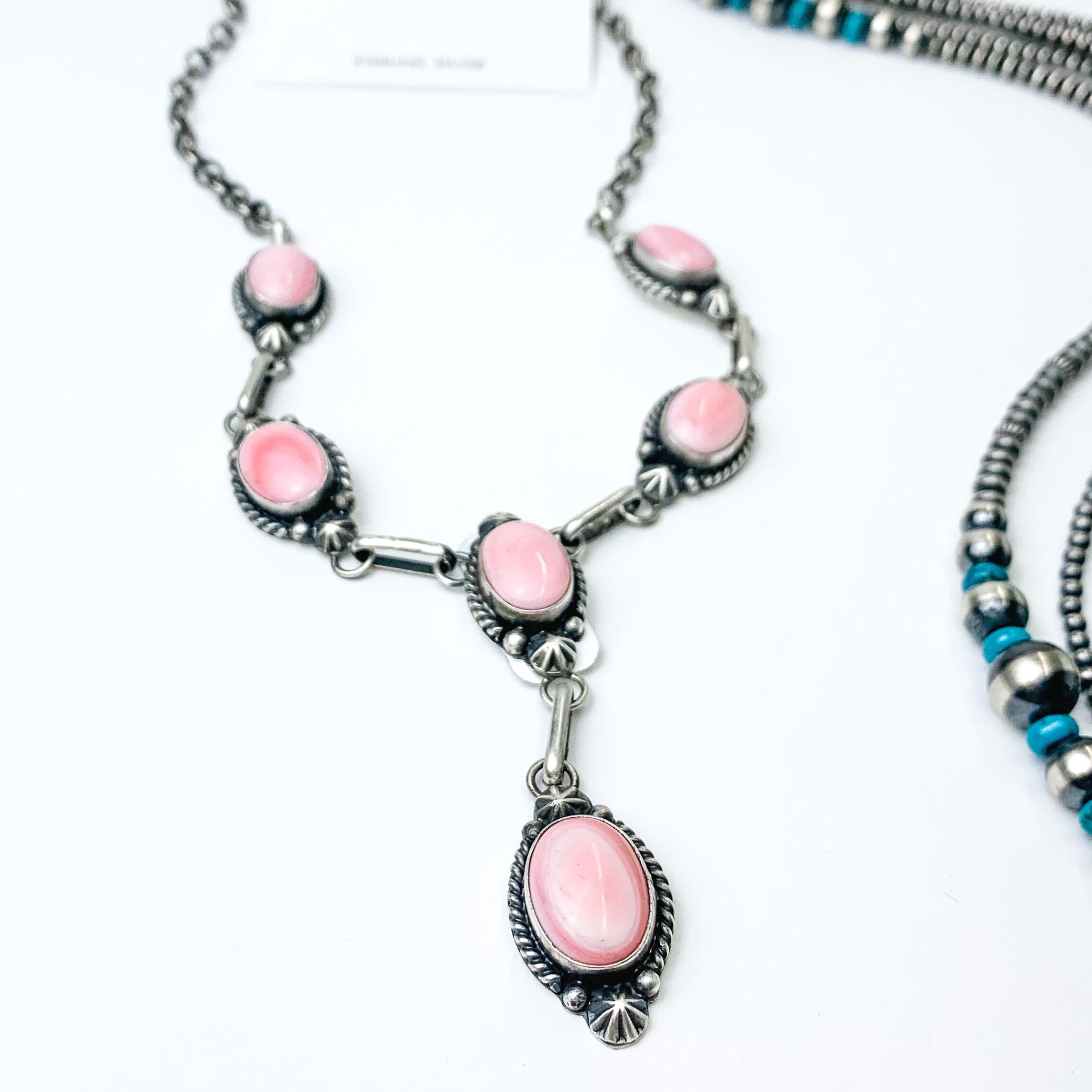 Donovan Skeets | Navajo Handmade Sterling Silver & Pink Conch Stones Lariat Necklace + Matching Earrings - Giddy Up Glamour Boutique