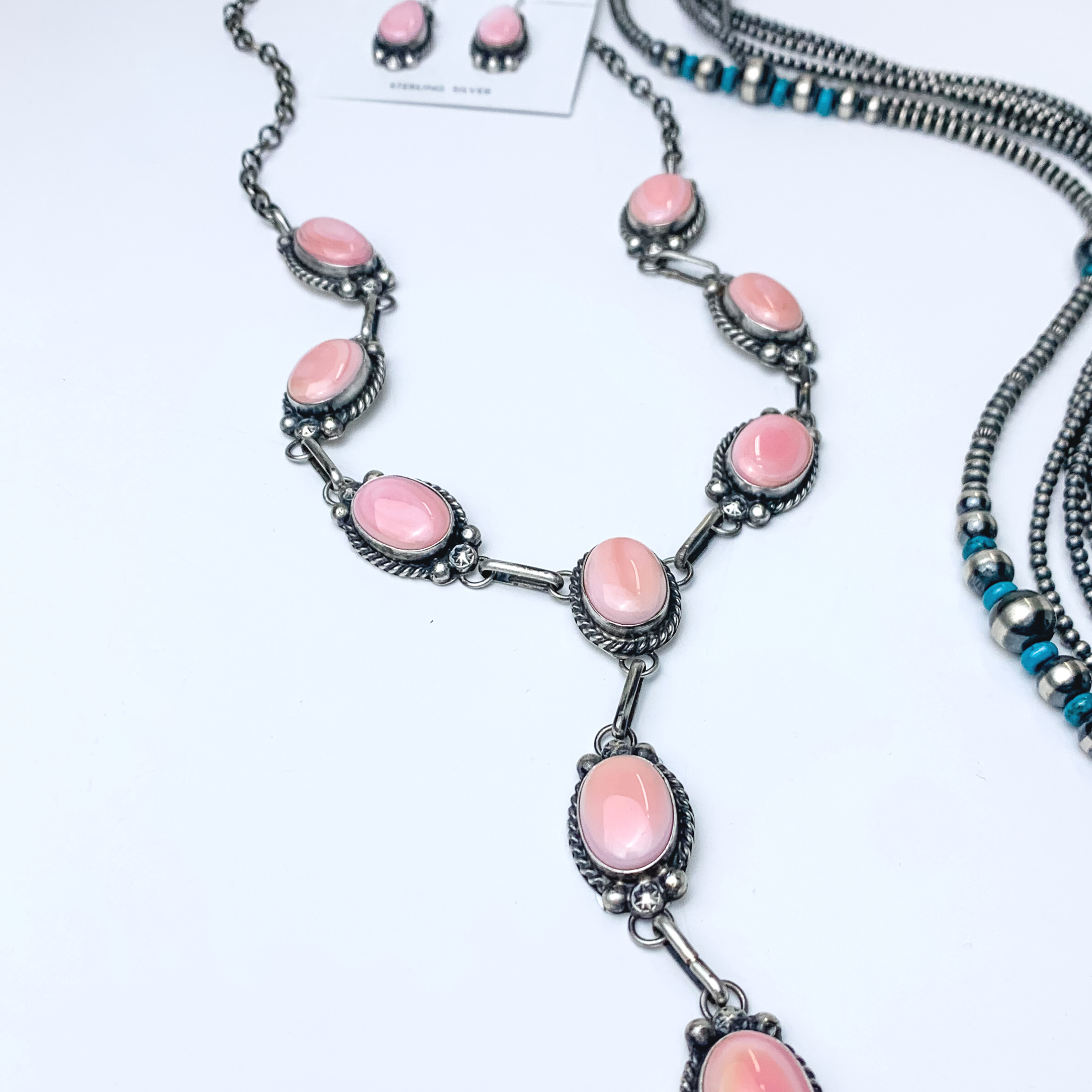Augustine Largo | Navajo Handmade Sterling Silver & Pink Conch Stones Lariat Necklace + Matching Earrings - Giddy Up Glamour Boutique