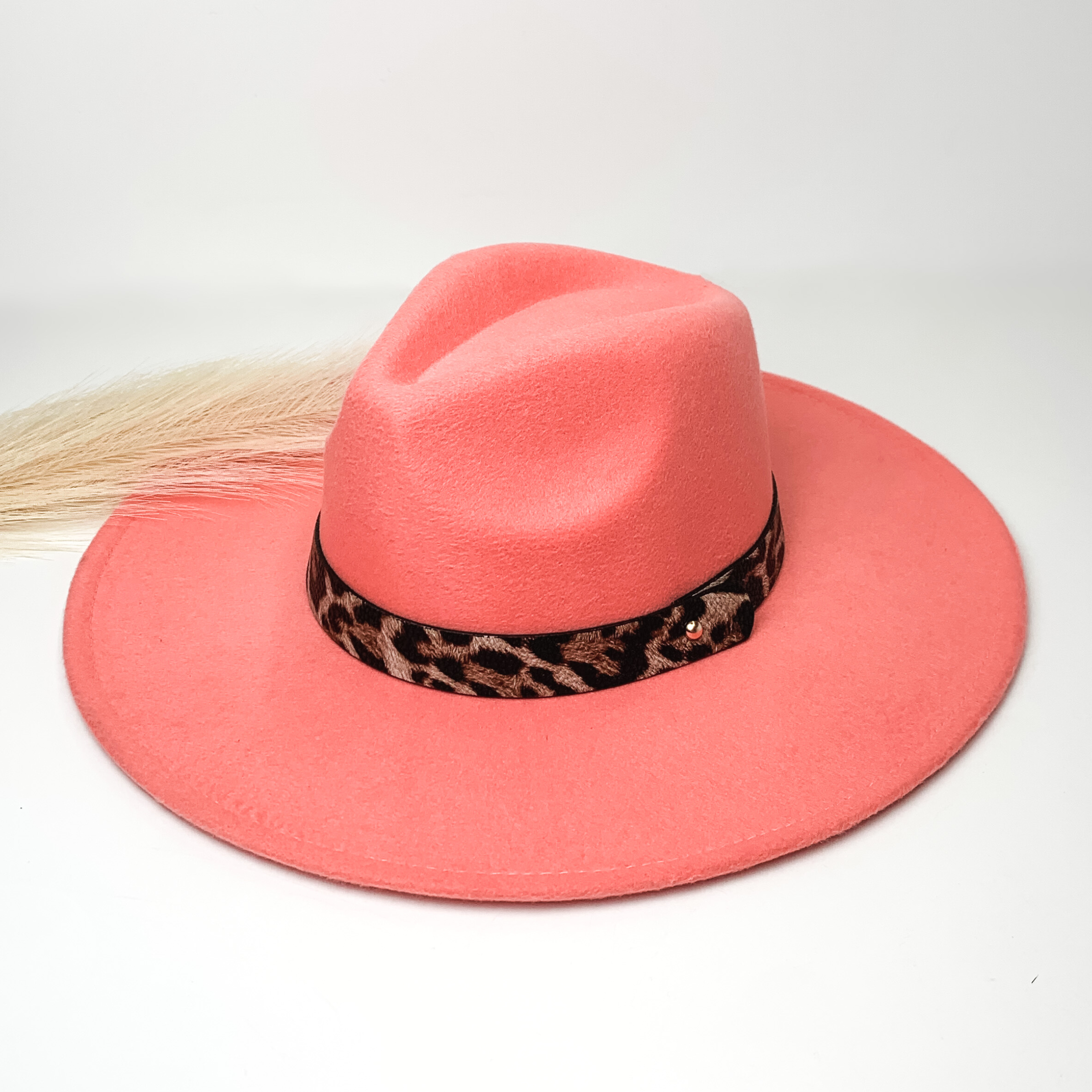 Coral flat brim hat with a leopard print hat bad around the crown. This hat is pictured on a white background with ivory pompous grass laying partially on the brim.