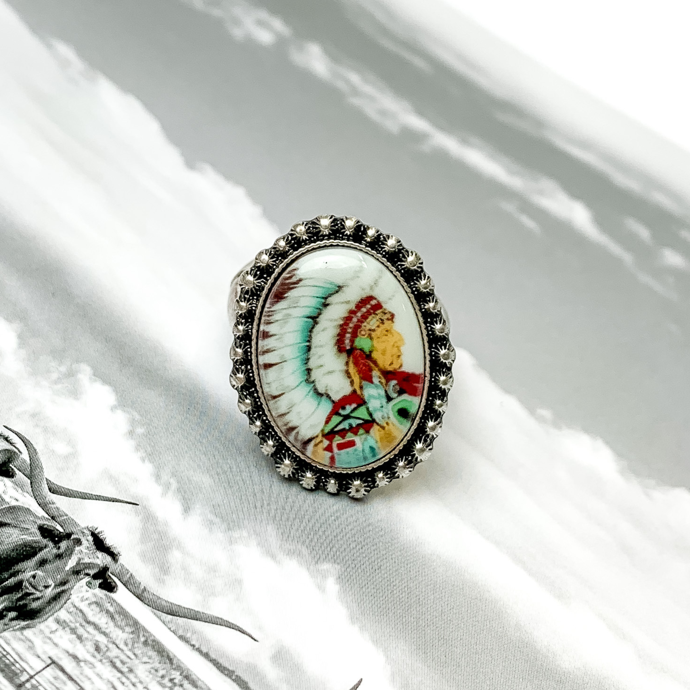 Indian Chief Ring in White with Silver Tone Outline - Giddy Up Glamour Boutique
