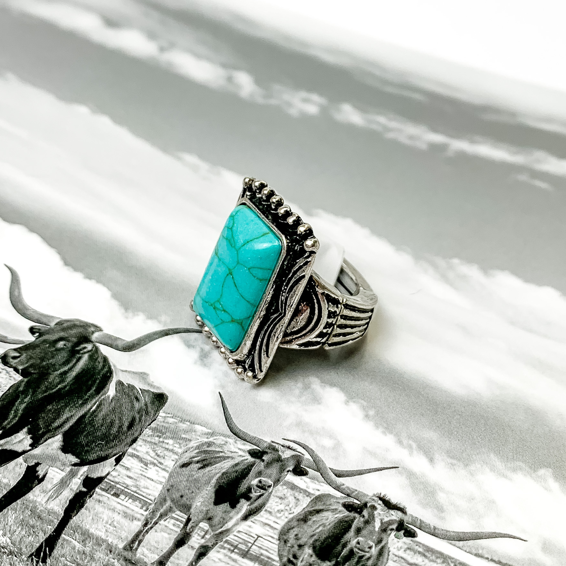 Rectangle Turquoise Stone Stretch Ring - Giddy Up Glamour Boutique