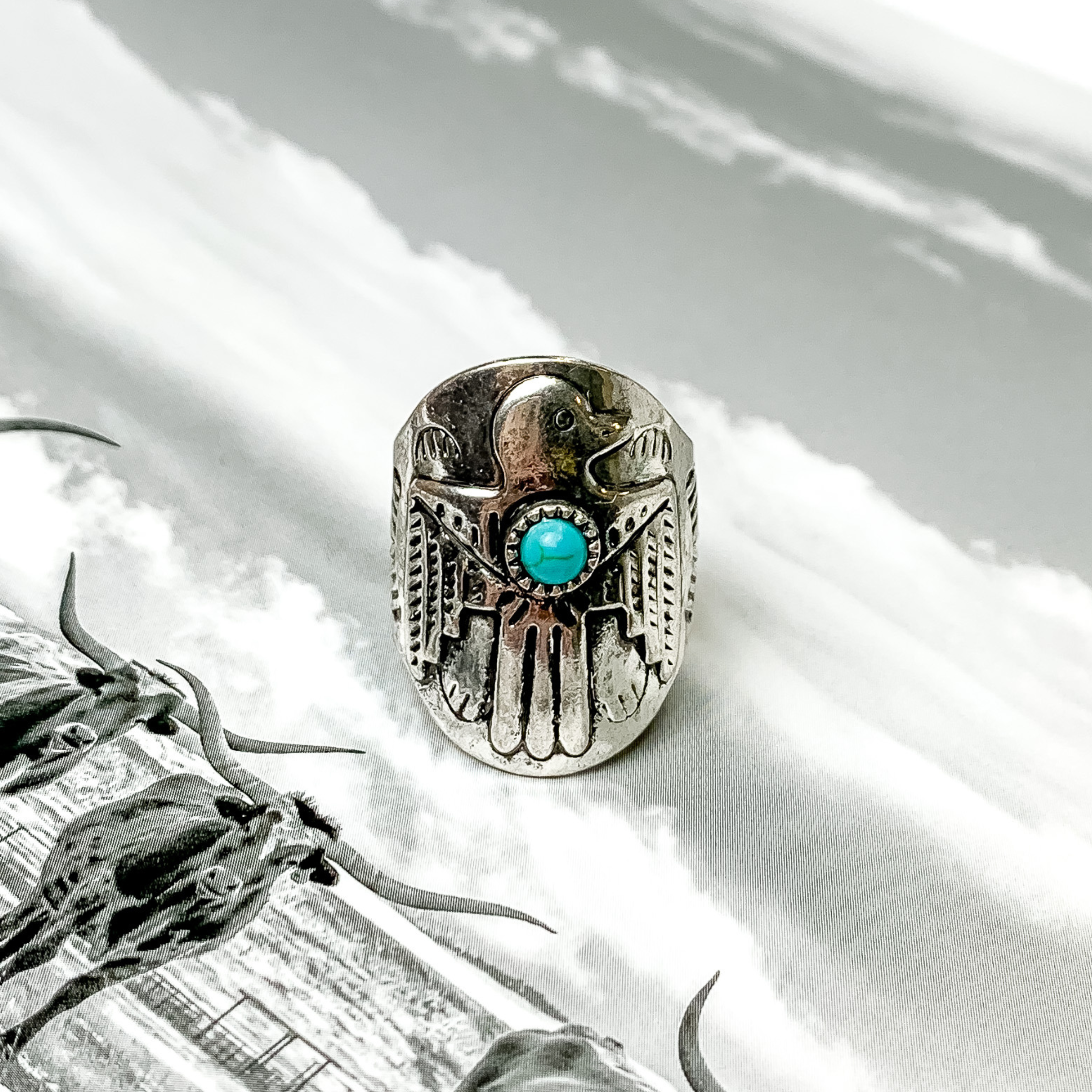Silver Tone Thunderbird Cuff Ring
