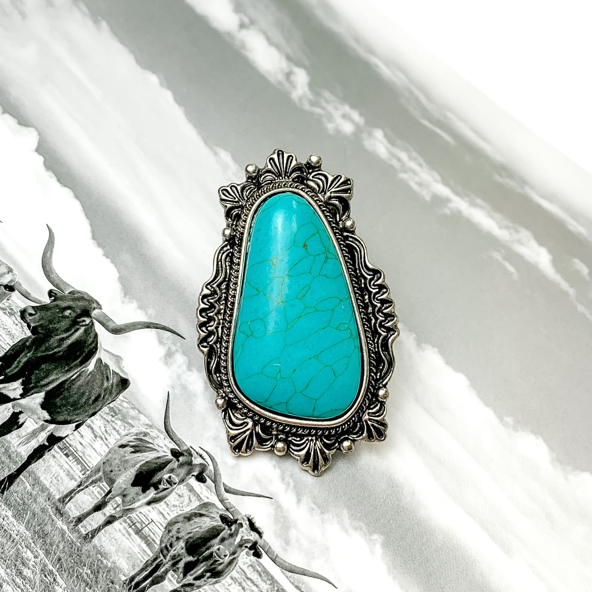 Large Faux Turquoise Stone Cuff Ring - Giddy Up Glamour Boutique