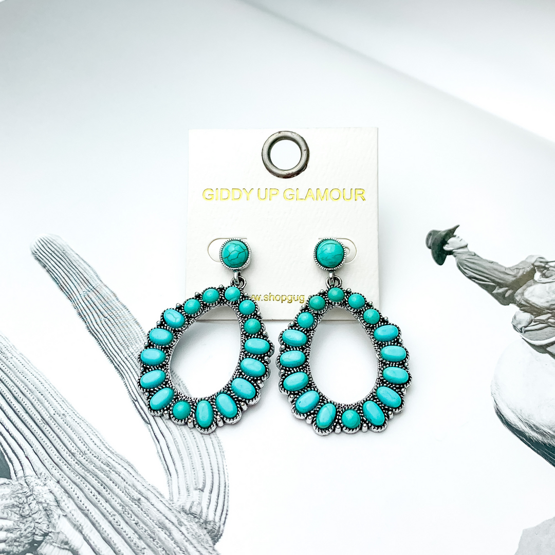 Small Silver Tone Circle Post Earrings and Open Teardrop Pendant with Turquoise Stones - Giddy Up Glamour Boutique