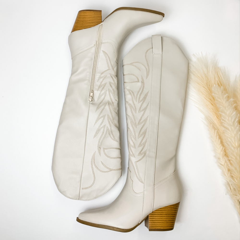 Rodeo Ready Knee High Western Stitch Boots in Bone White - Giddy Up Glamour Boutique