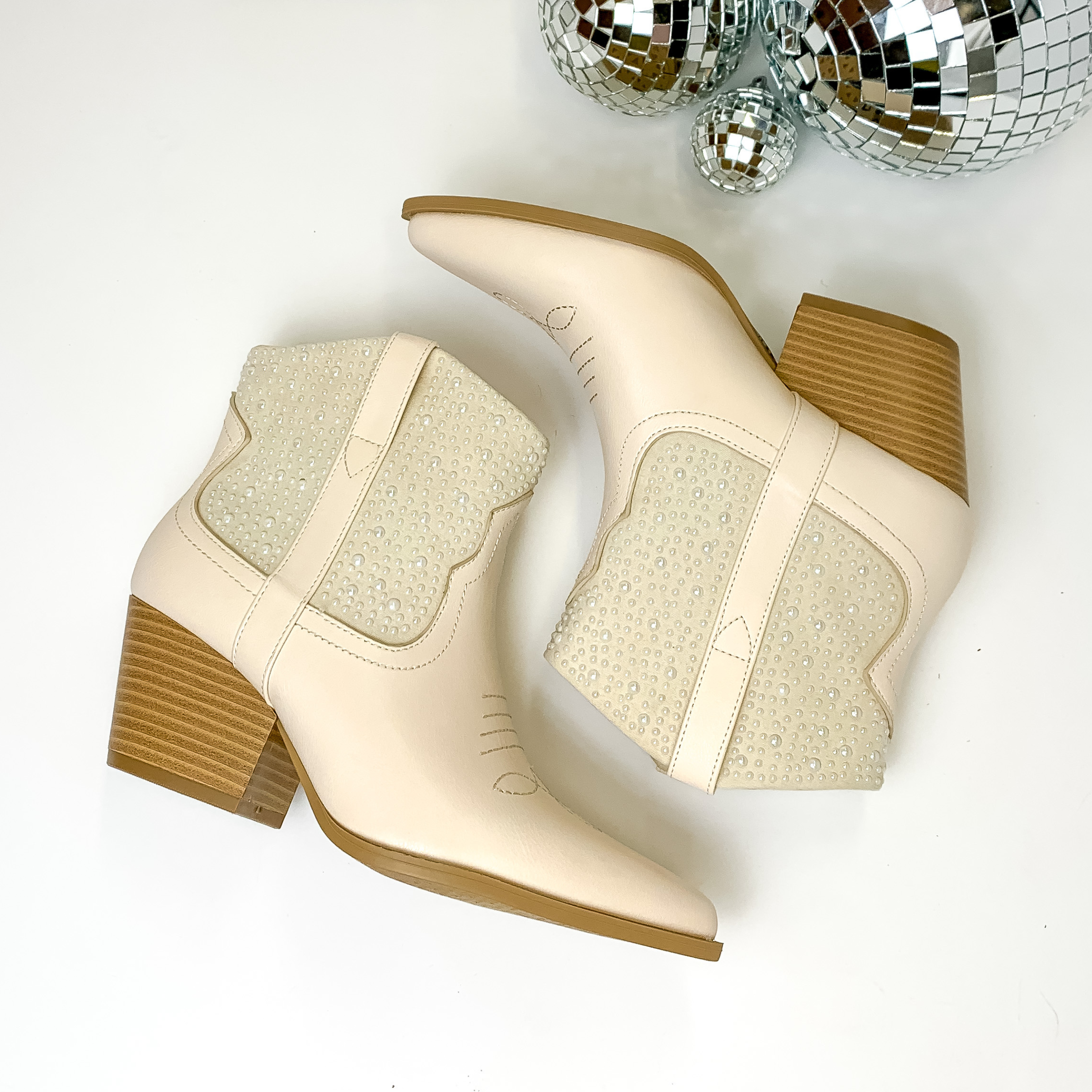 Runaway Bride Heeled Ankle Booties with White Pearl Embellishment in Ivory - Giddy Up Glamour Boutique