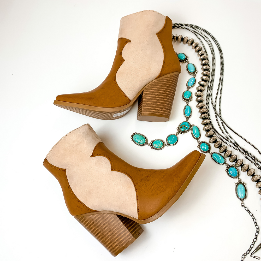 Closer to Home Two Tone Heeled Ankle Booties in Ivory and Whisky Brown - Giddy Up Glamour Boutique