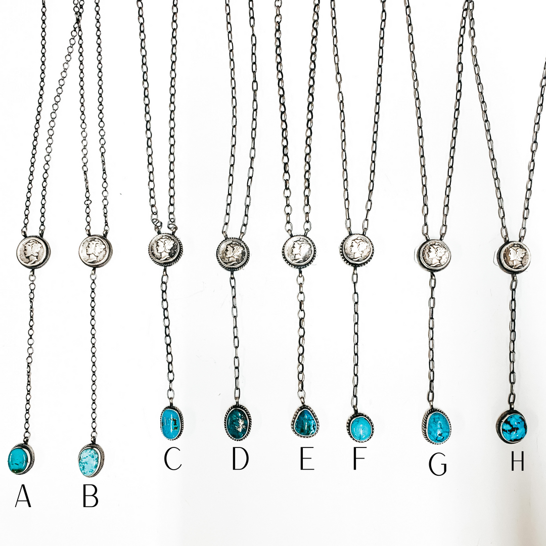 Online Exclusive | Various Artists | Navajo Handmade Sterling Silver Coin Lariat Necklace with Turquoise Stone Drop - Giddy Up Glamour Boutique