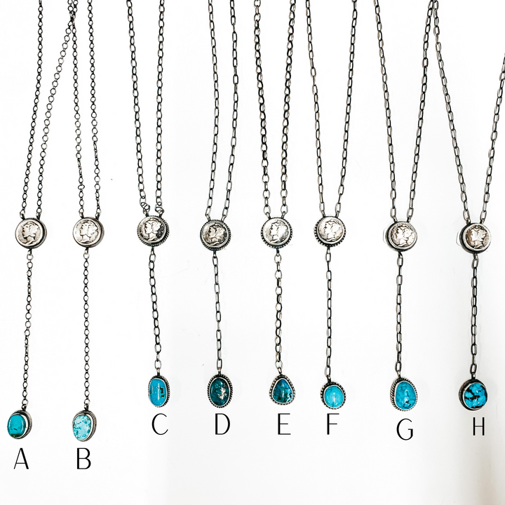 Online Exclusive | Various Artists | Navajo Handmade Sterling Silver Coin Lariat Necklace with Turquoise Stone Drop - Giddy Up Glamour Boutique