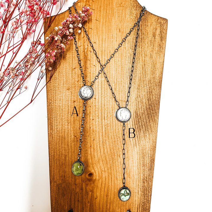 Tim Smith | Navajo Handmade Sterling Silver Coin Lariat Necklace with Sonoran Gold Stone Drop - Giddy Up Glamour Boutique