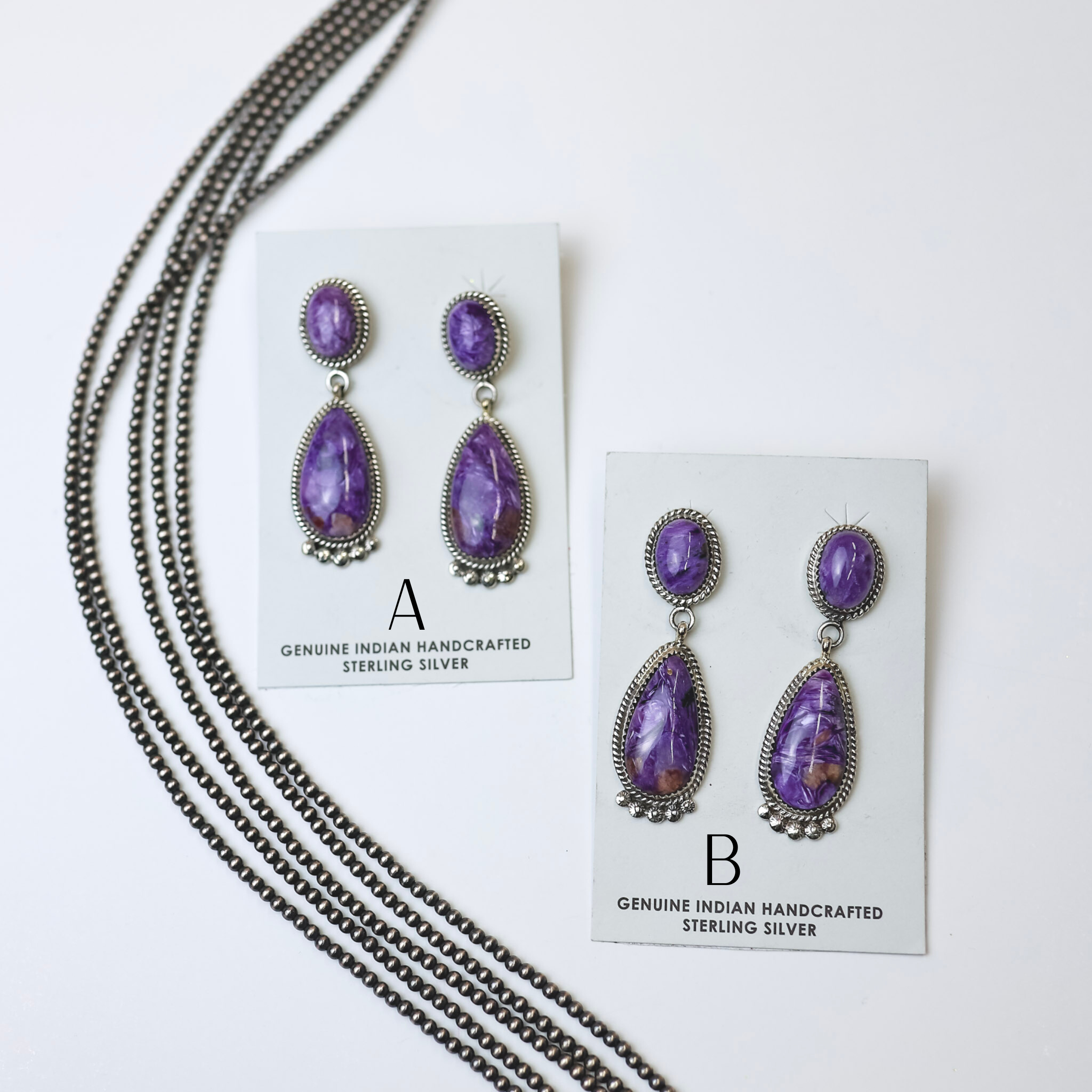 Elouise Kee | Navajo Handmade Sterling Silver & Charoite Drop Earrings - Giddy Up Glamour Boutique