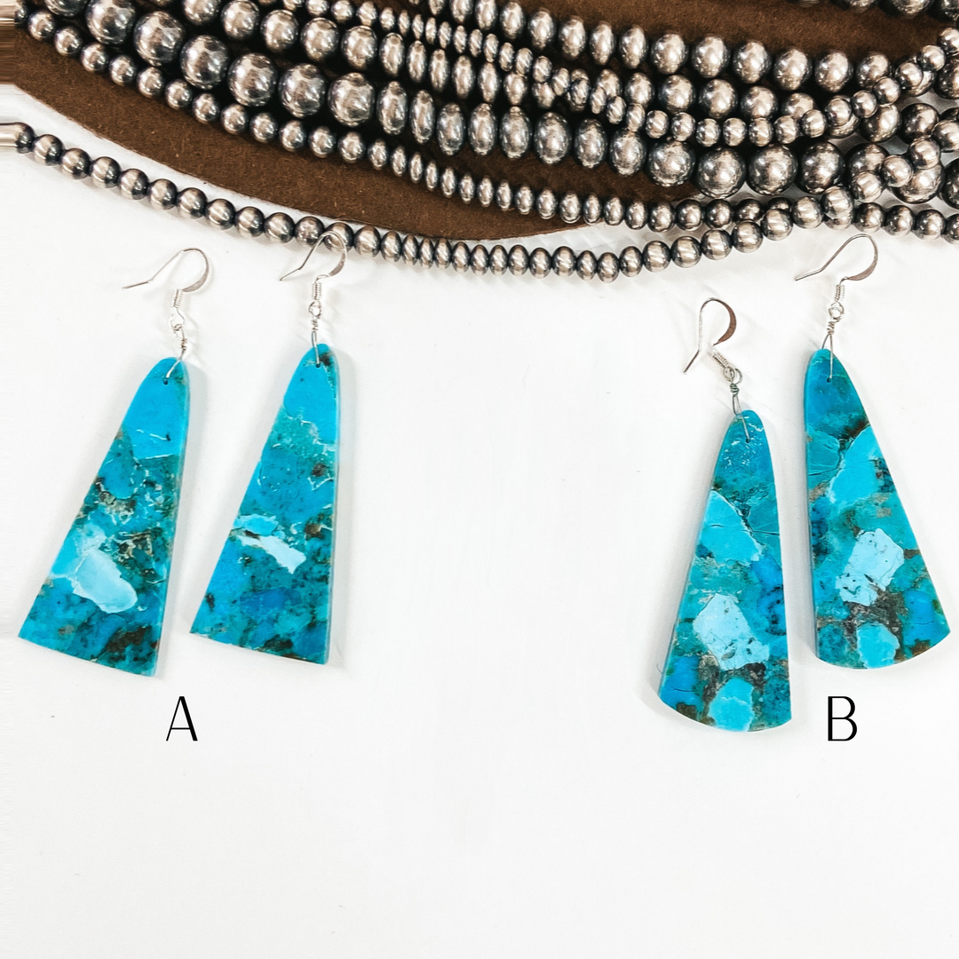 Navajo | Navajo Handmade Long Trapezoidal Turquoise Slab Earrings on Sterling Silver Fishhook - Giddy Up Glamour Boutique
