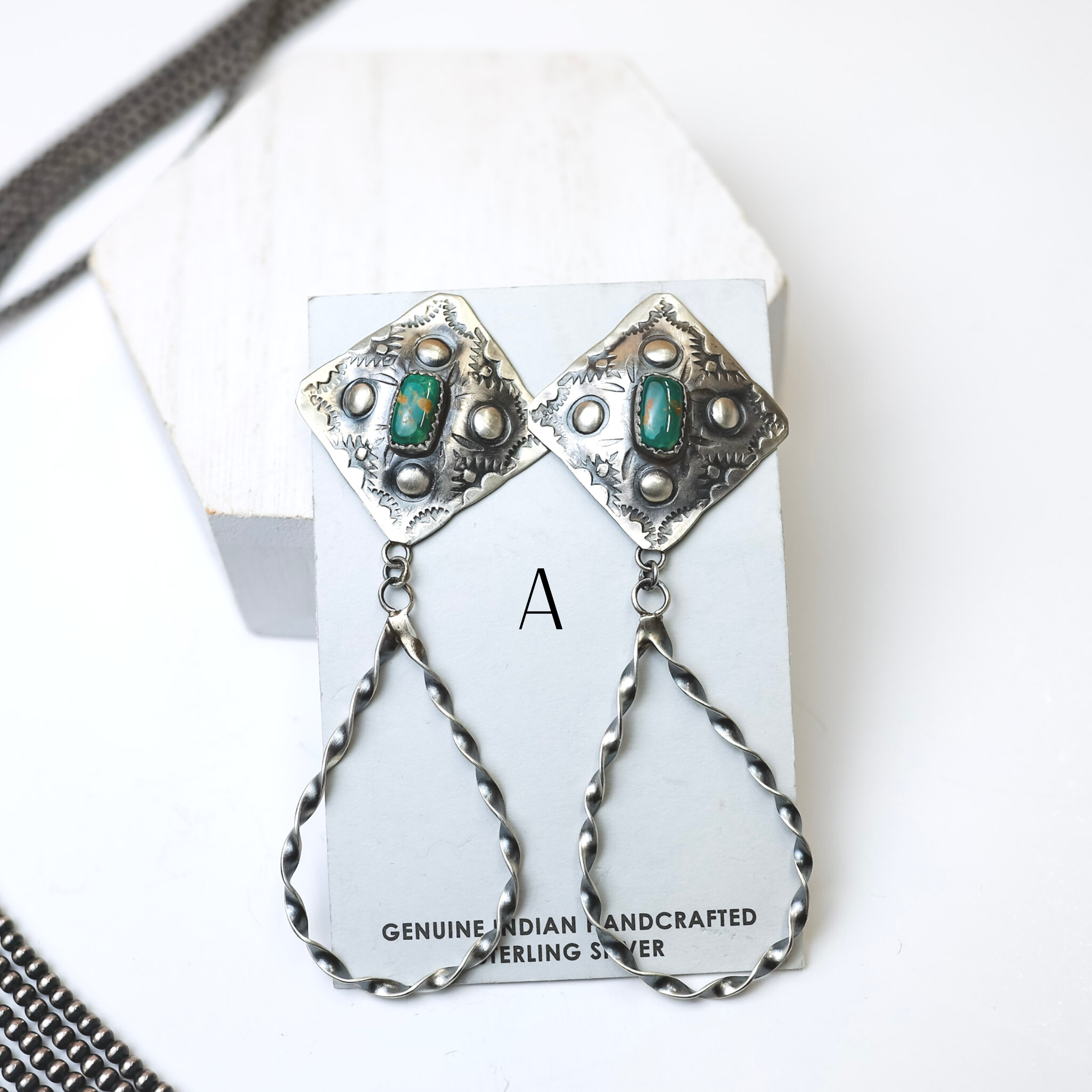 Tim Yazzie | Navajo Handmade Sterling Silver Concho Post Earrings with Turquoise Stone and Twisted Teardrop Dangle - Giddy Up Glamour Boutique