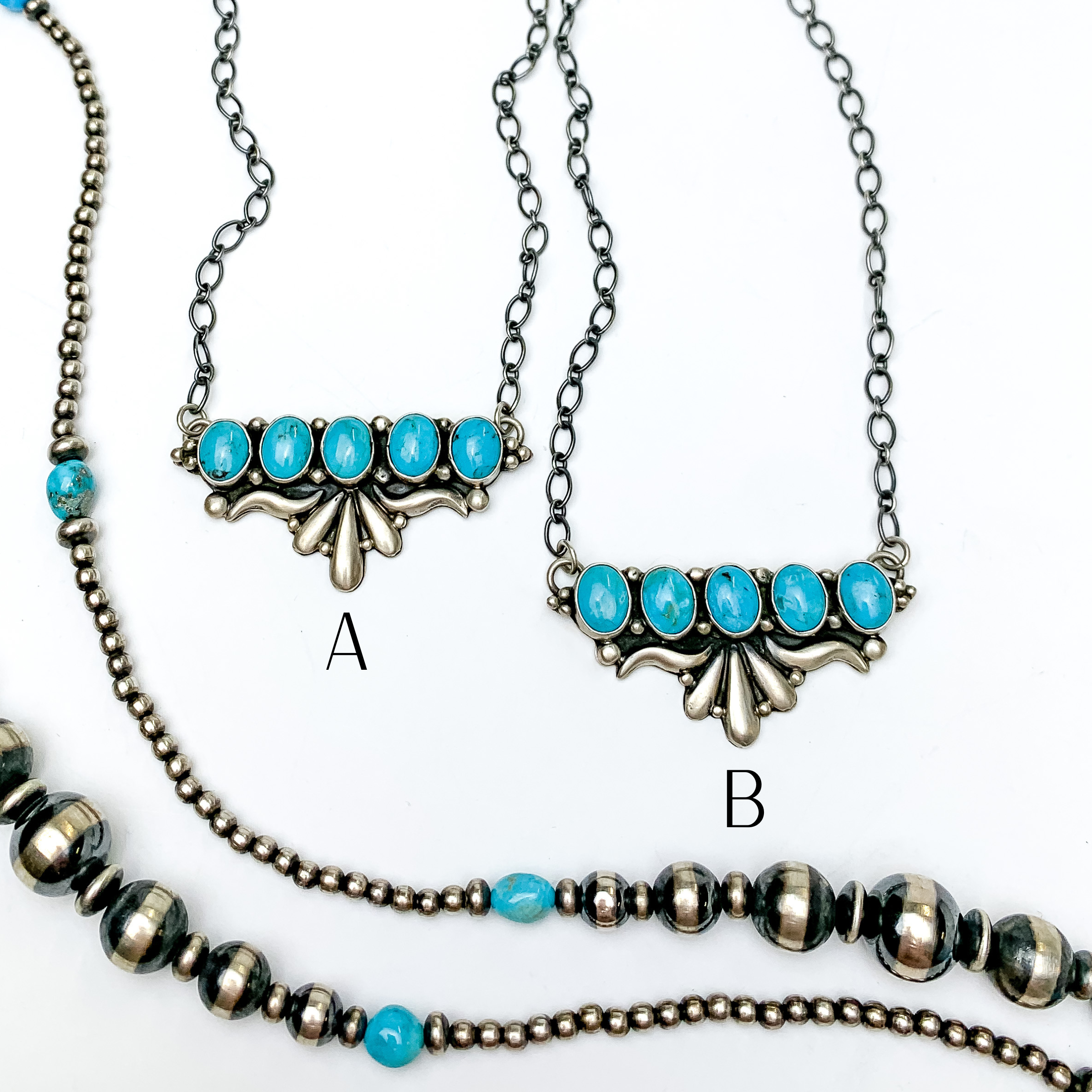 E Richards | Navajo Handmade Sterling Silver Chain Necklace with Silverwork and 5 Turquoise Stones - Giddy Up Glamour Boutique