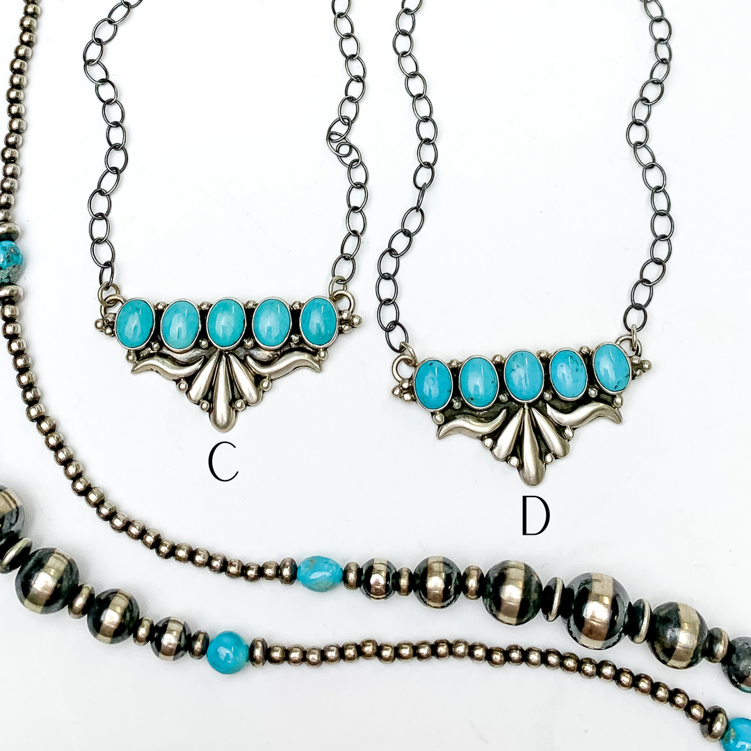 E Richards | Navajo Handmade Sterling Silver Chain Necklace with Silverwork and 5 Turquoise Stones - Giddy Up Glamour Boutique