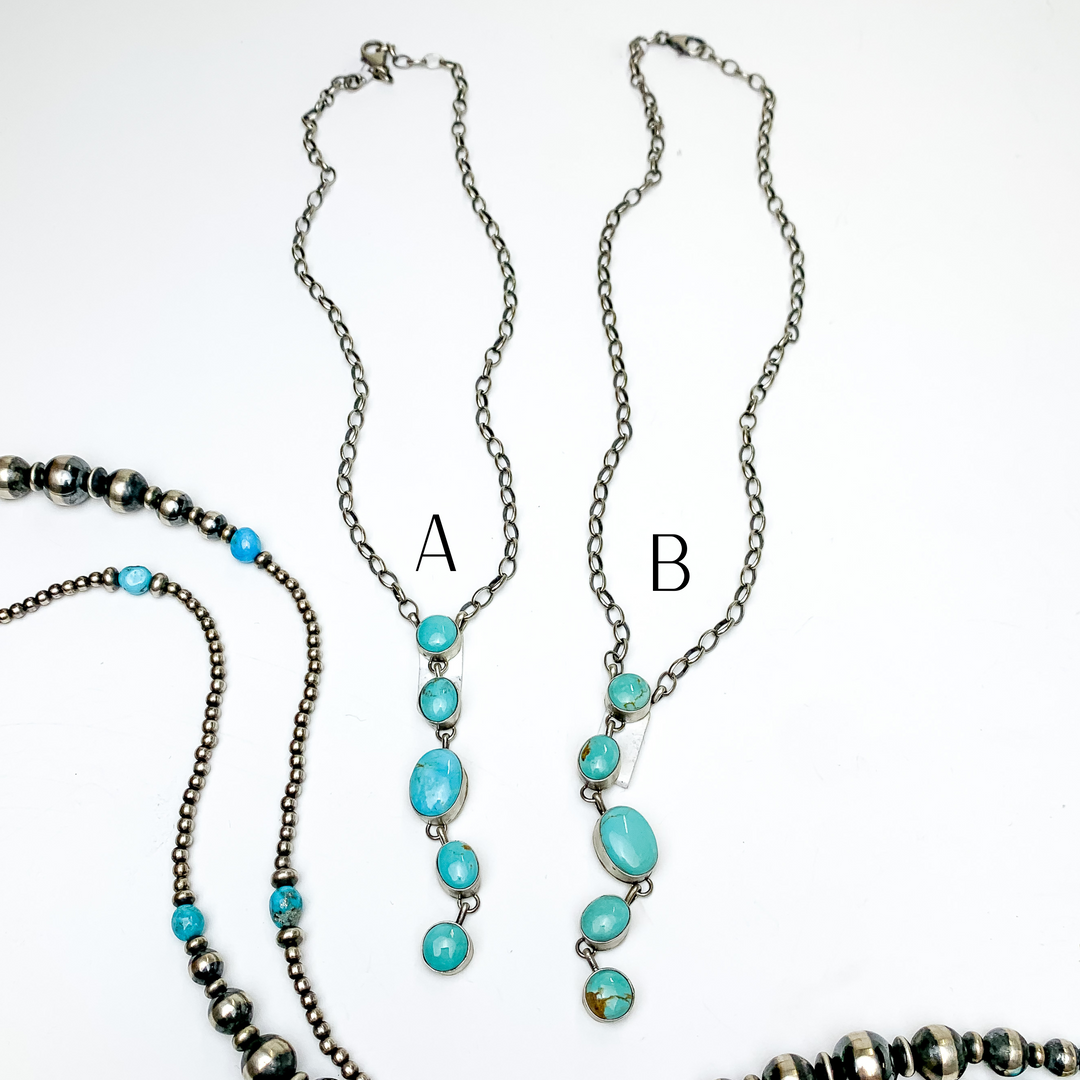 Augustine Largo | Navajo Handmade Sterling Silver Chain Lariat Necklace with 5 Kingman Turquoise Pendants - Giddy Up Glamour Boutique