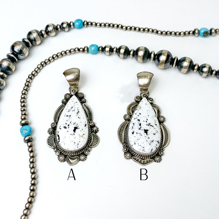 Gilbert Tom | Navajo Handmade Sterling Silver Teardrop Pendant with White Buffalo Stone - Giddy Up Glamour Boutique